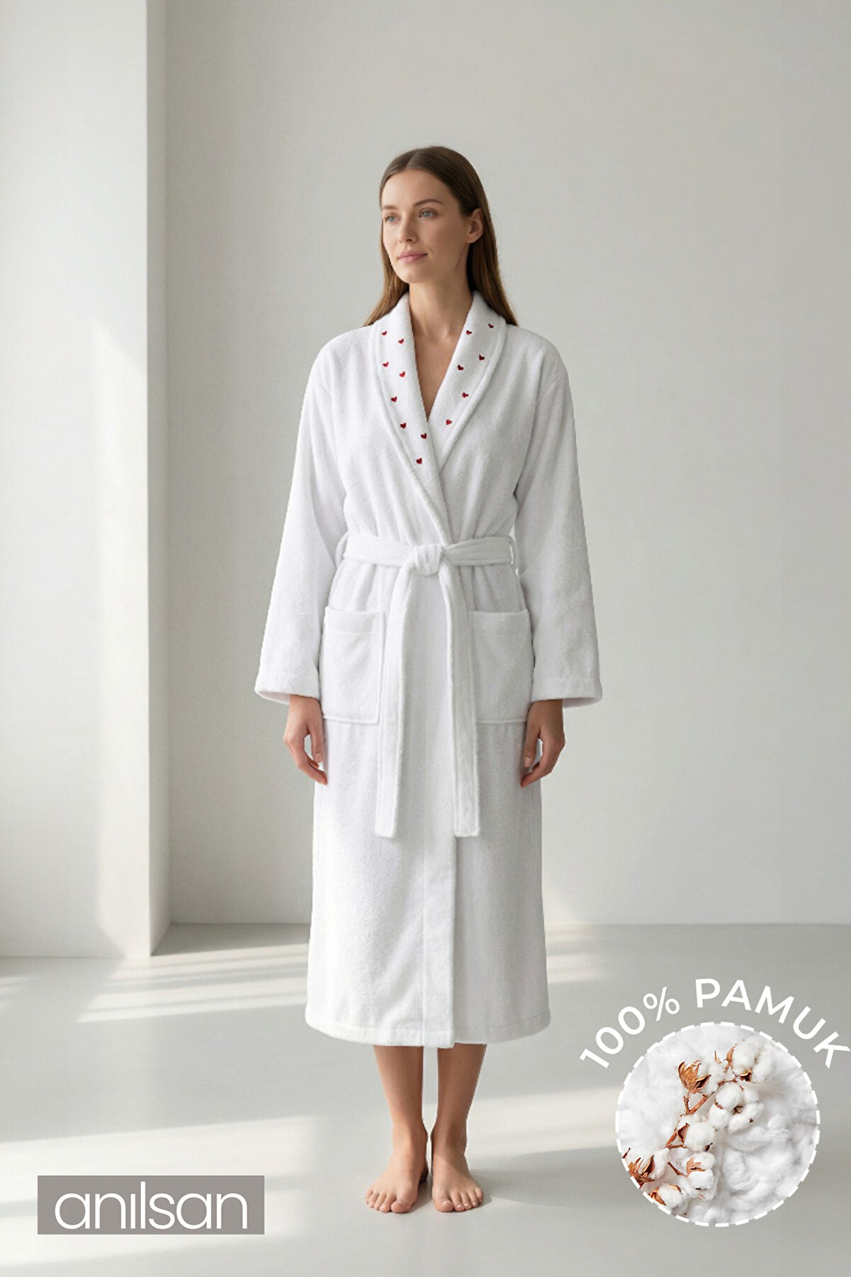 Anılsan Şalyaka Bornoz Beyaz Kalp Nakış %100 Pamuk Unisex Spa Bornozu