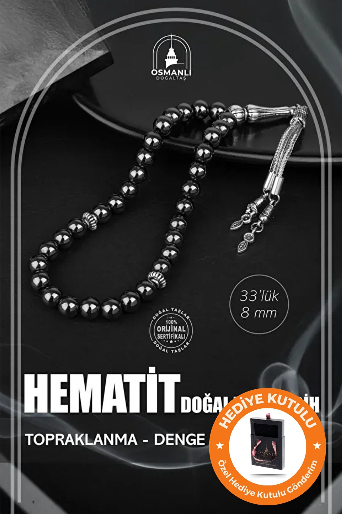 OSMANLI DOĞAL TAŞ 33'lü Hematit Erkek Tesbihi - 8mm, Özel Kutulu Hediye