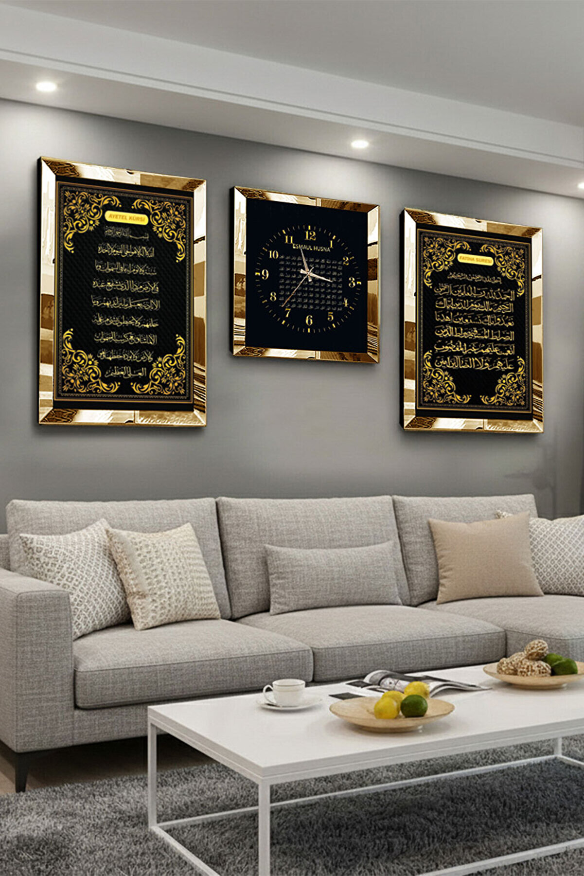 Zevahir Gold Aynalı Pleksi Çerçeveli Ayetel Kürsi Seti | Fatiha Süresi & Esmaül Hüsna