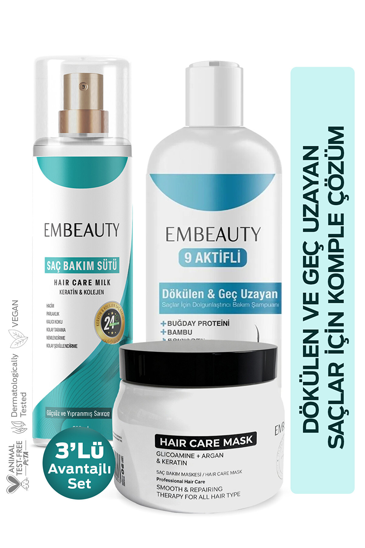 Embeauty 3'lü Saç Bakım Seti - Dökülmeye Karşı ve Aşırı Yıpranmış Saçlar İçin