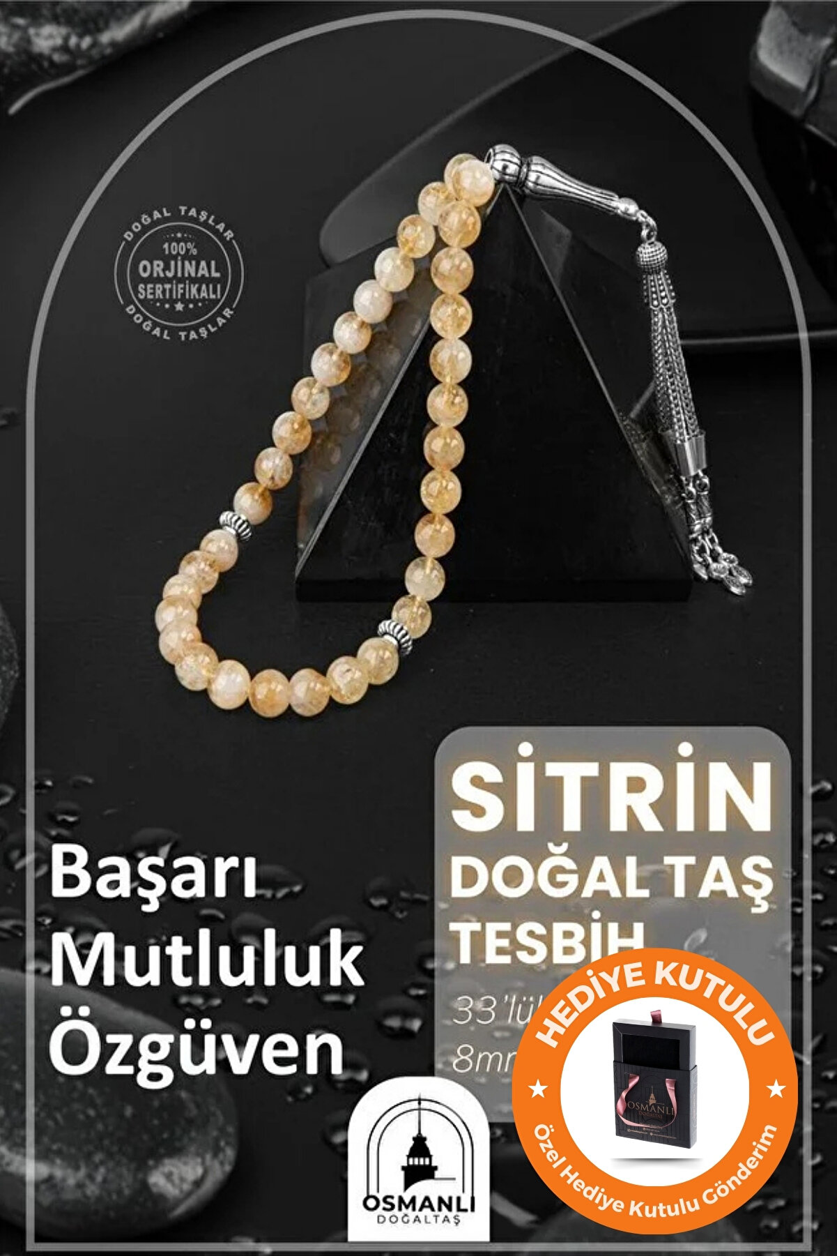 OSMANLI DOĞAL TAŞ Sitrin Tesbih 33lük - 8mm - Özel Kutulu Hediye