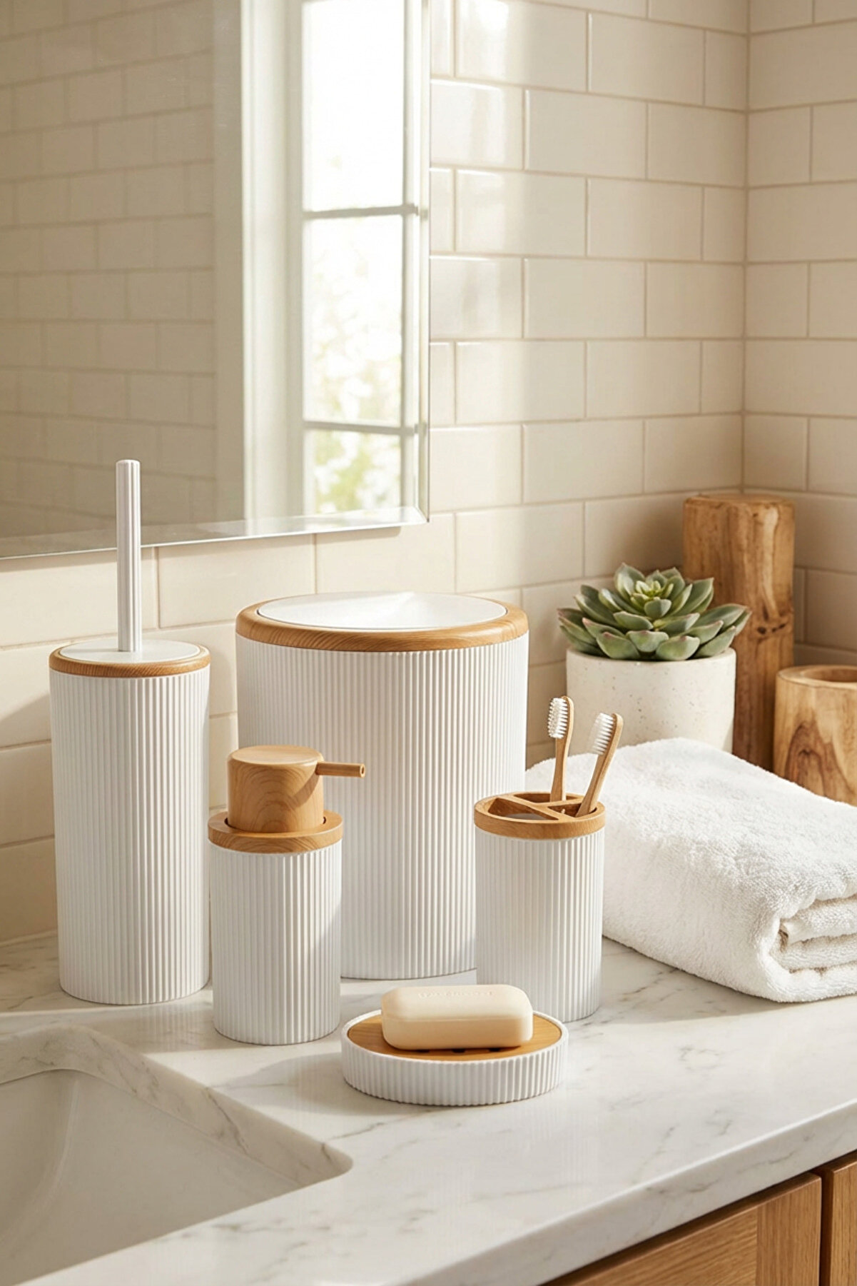 MAKRİ HOME 5 Parça Bambu Desenli Banyo Seti - Çöp Kovası, WC Fırçalık, Sıvı Sabunluk, Diş Fırçalık, Sabunluk