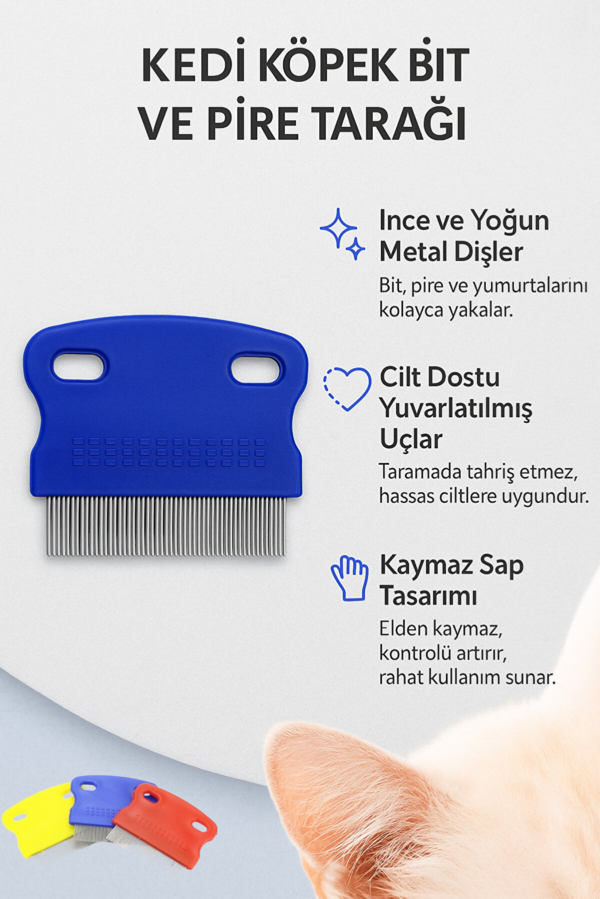 Hane Dostu Kedi Köpek Bit ve Pire Tarağı - İnce Dişli, Cilt Dostu Metal Tarak