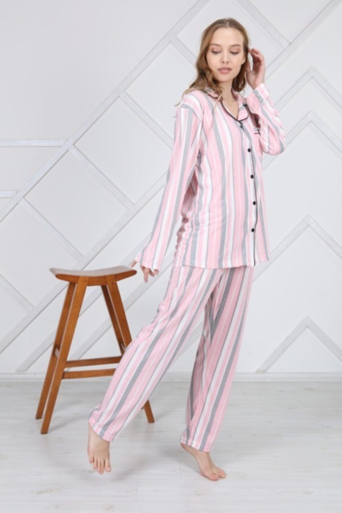 LİLA PİJAMA Kadın Pembe Çizgili Gömlek Yaka Düğmeli Pamuklu Örme Dokuma Uzun Kol Mevsimlik Pijama Takımı
