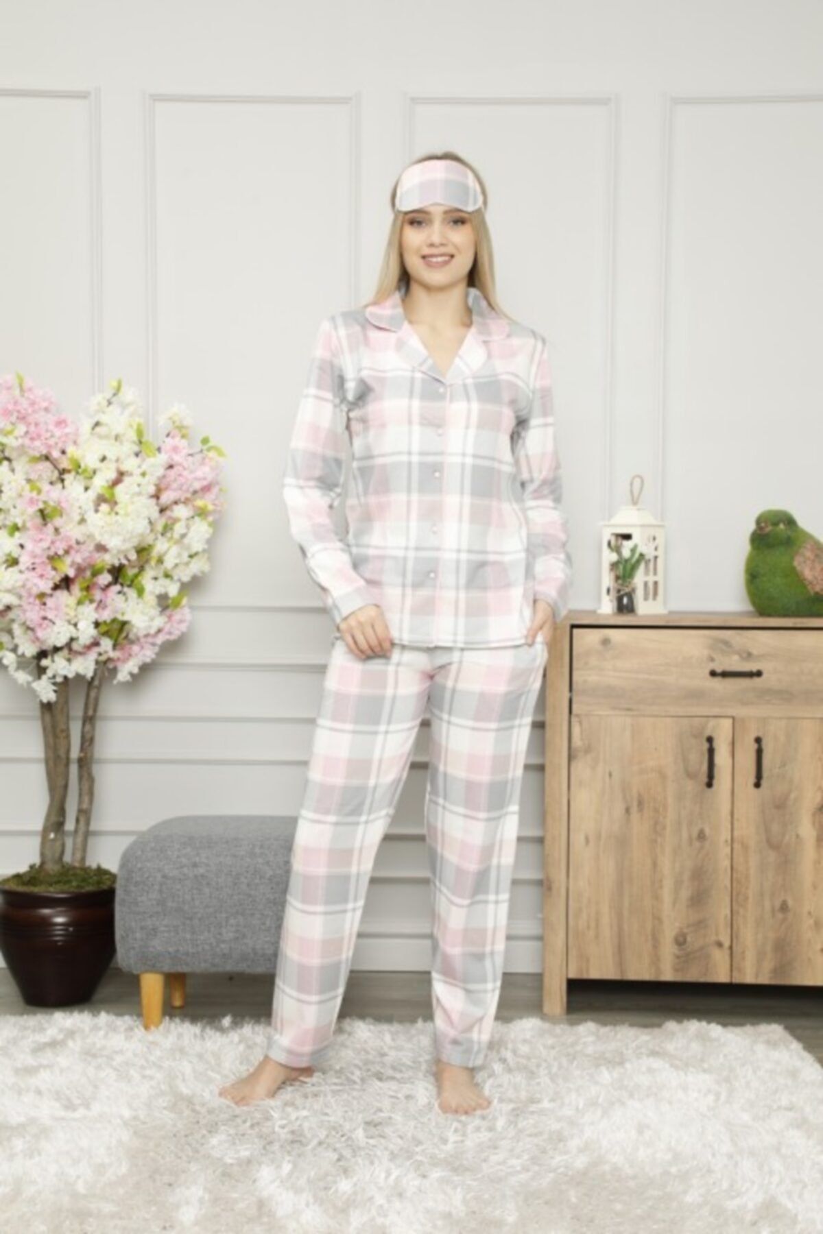 VECCHİA Kadın Beyaz Göz Bantlı Önden Düğmeli Pijama Takımı