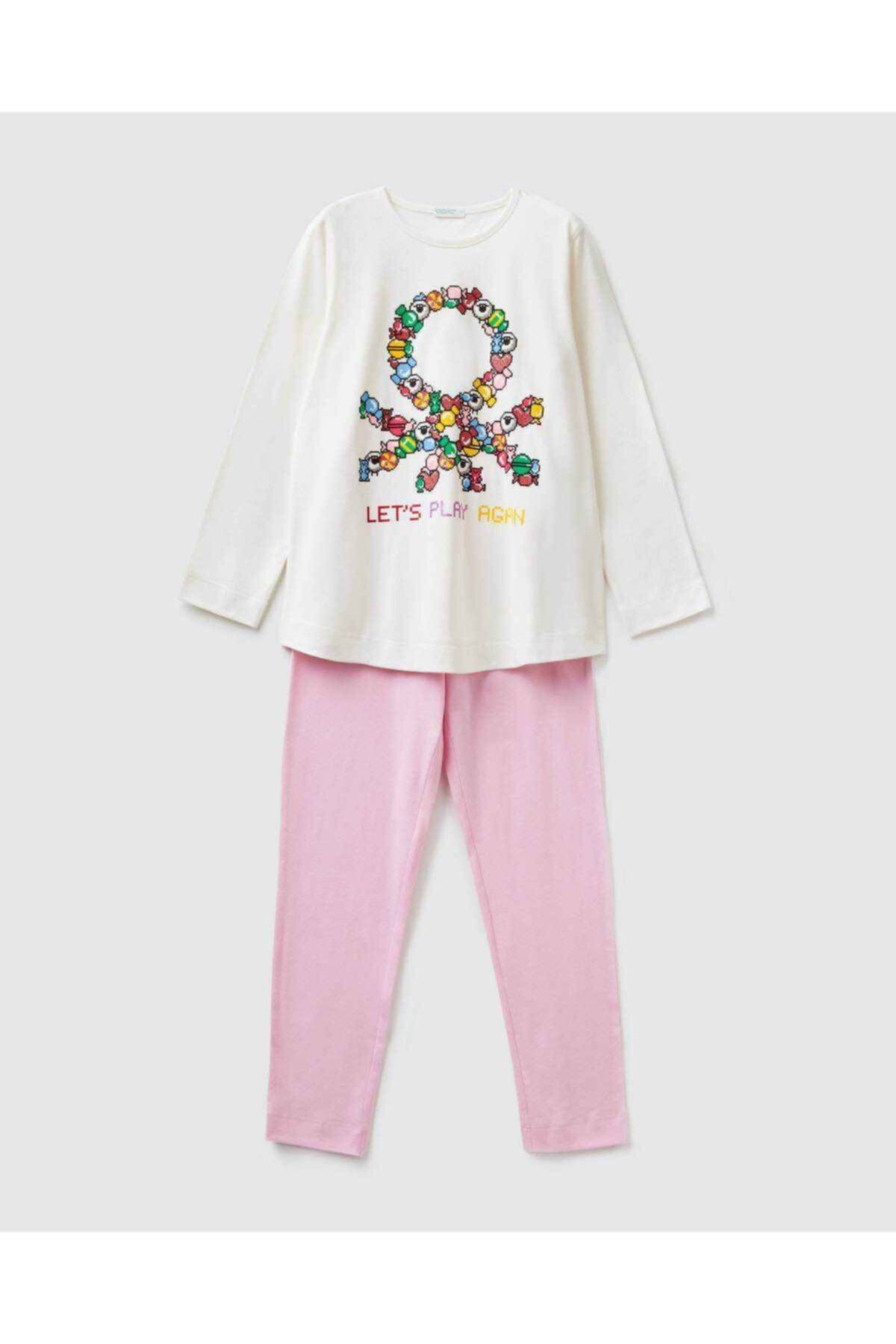 United Colors of Benetton Kız Çocuk Pembe Logolu Kalp Baskılı Pijama Takım