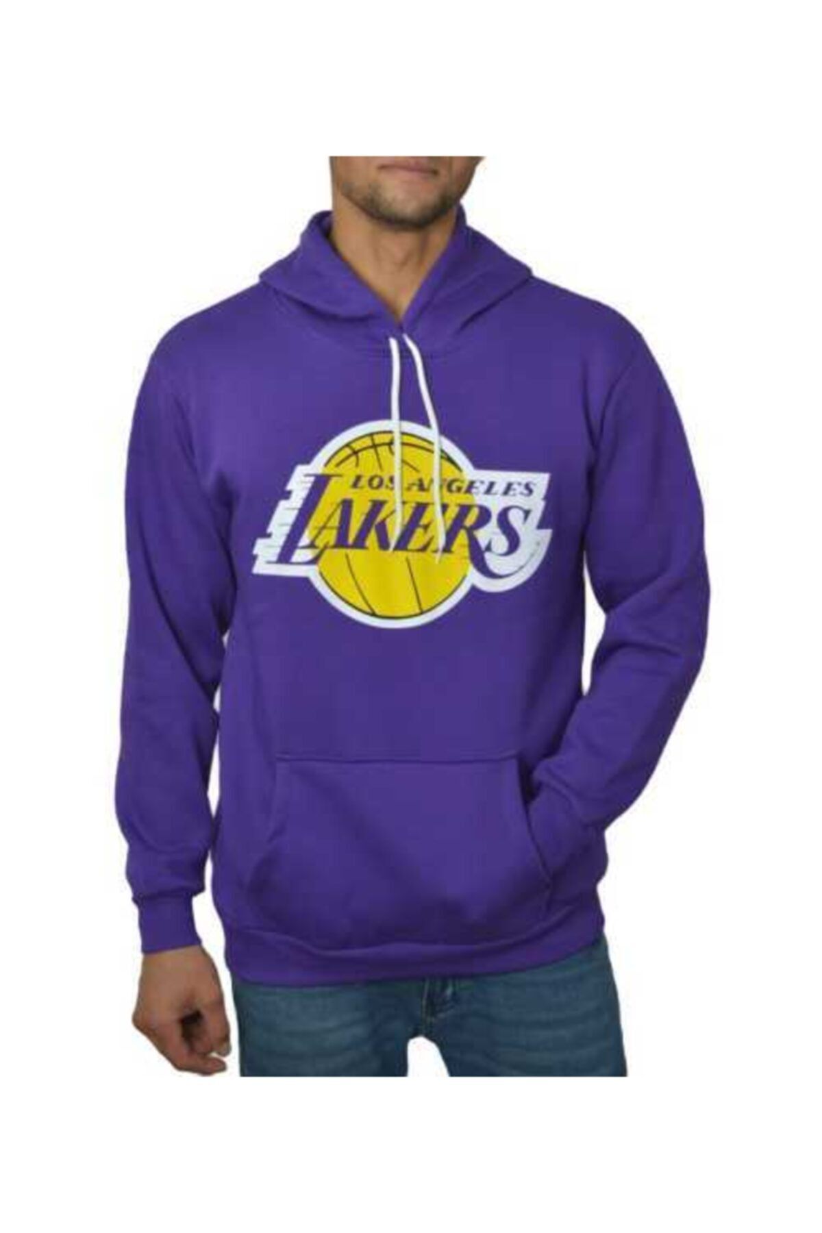 YOUWINNER Erkek Mor Kapüşonlu Lakers 3 İplik Sweatshirt