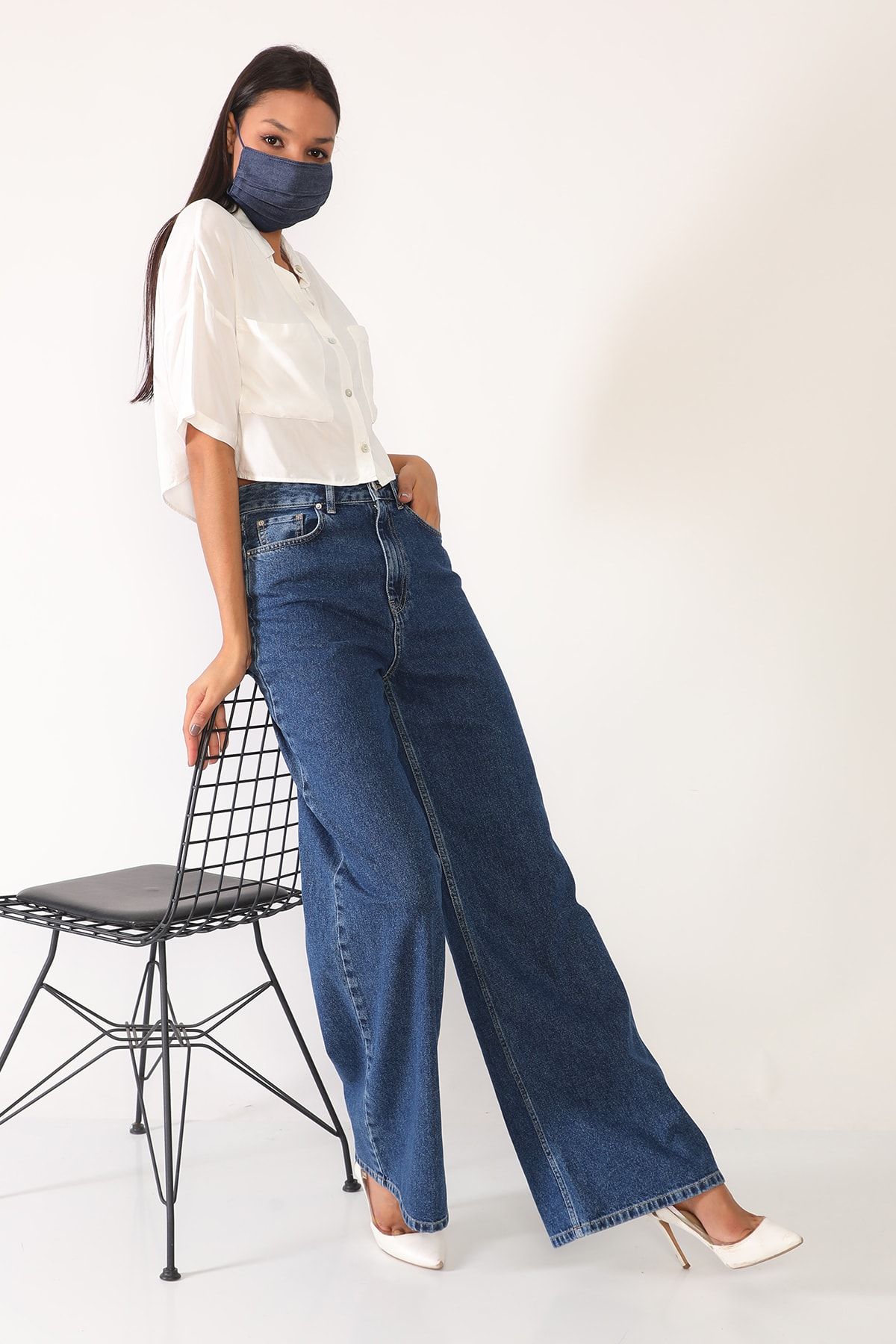 Darkly Jeans Kadın Koyu Mavi Süper Yüksek Bel Geniş Paça Wide Leg Jean Pantolon