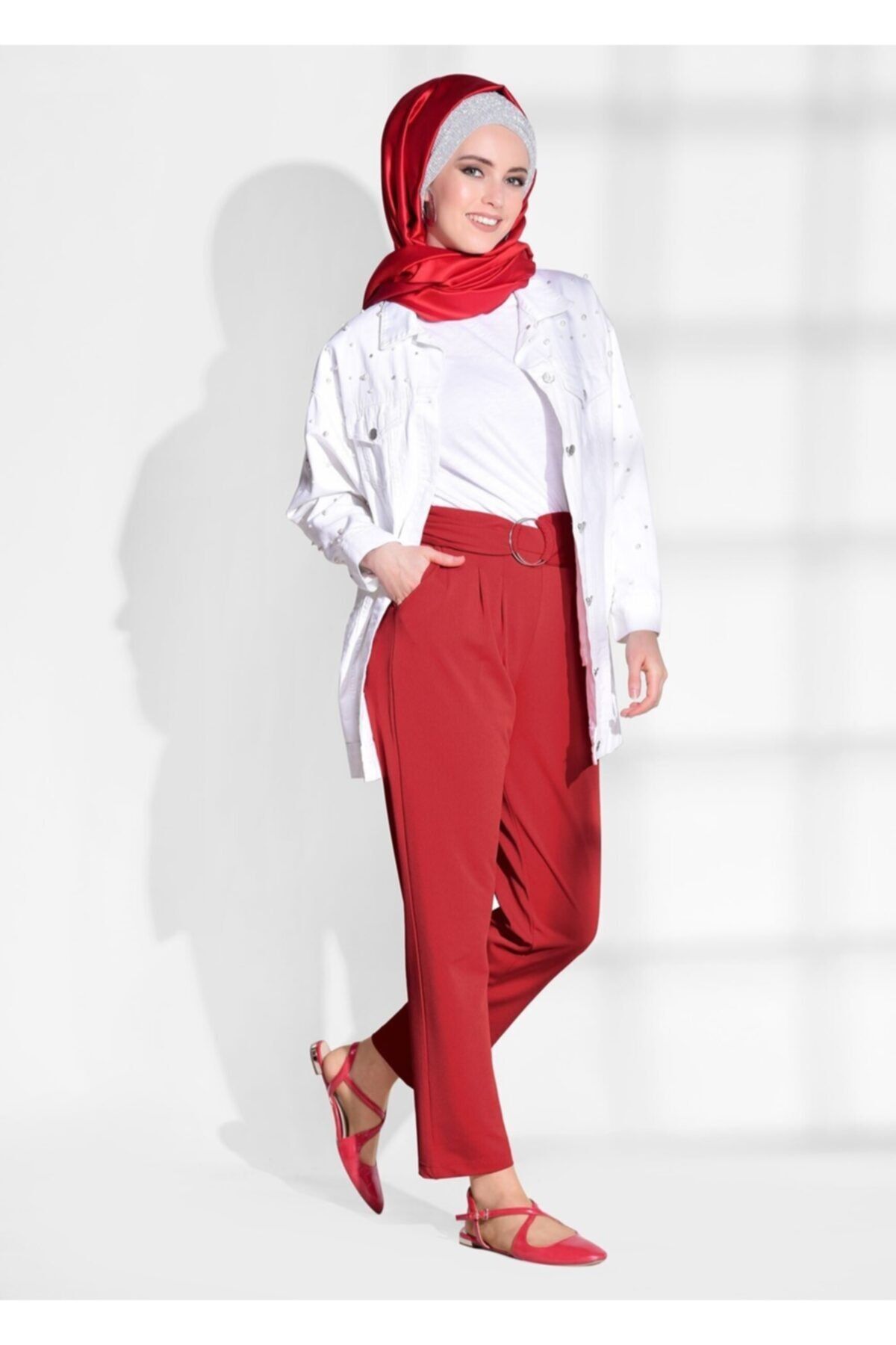 TRENDTESETTÜR Kadın Kırmızı Kemer Detaylı Pantolon 636