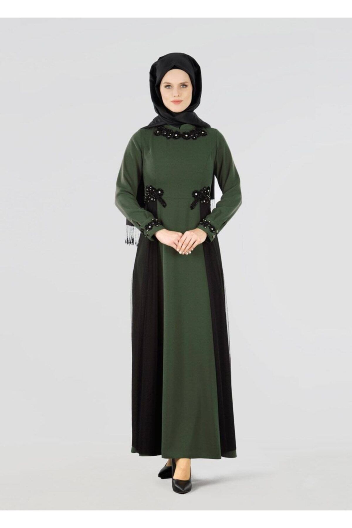 TRENDTESETTÜR Kadın Haki Hakim Yaka Tül Detaylı Abiye Elbise 9573