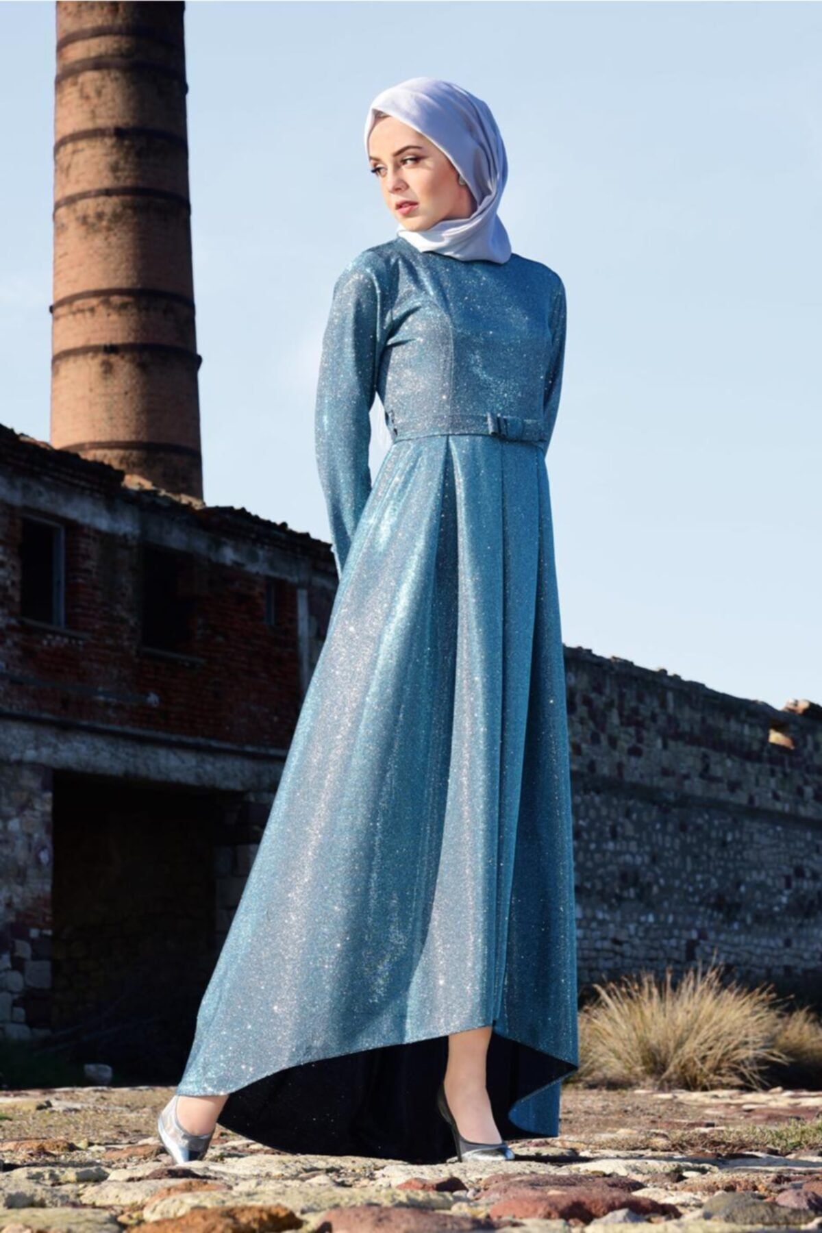 TRENDTESETTÜR Kadın Mavi (TURKUAZ) Eteği Volanlı Simli Abiye Elbise T 1851