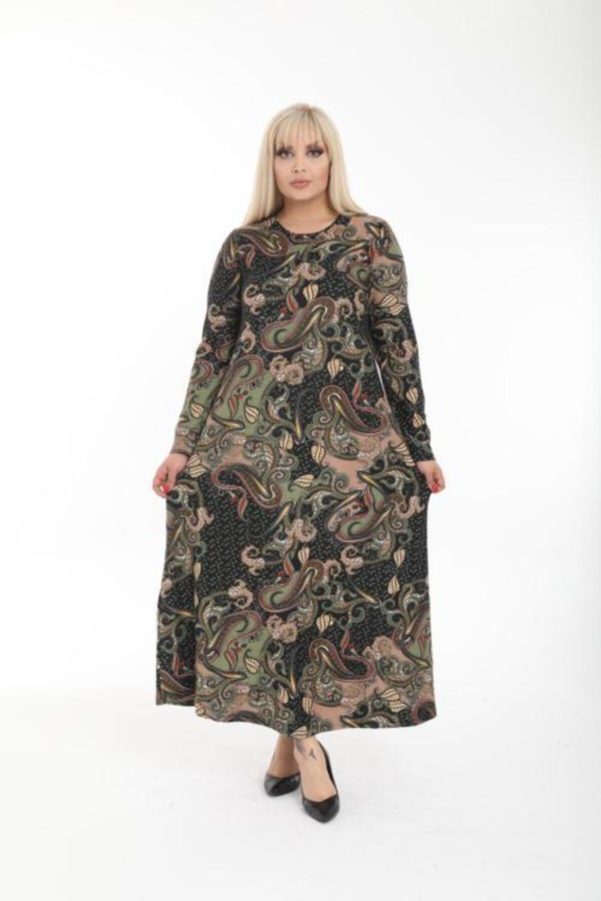 Şirin Butik Kadın Haki Büyük Beden Yaka Pervazlı Elbise