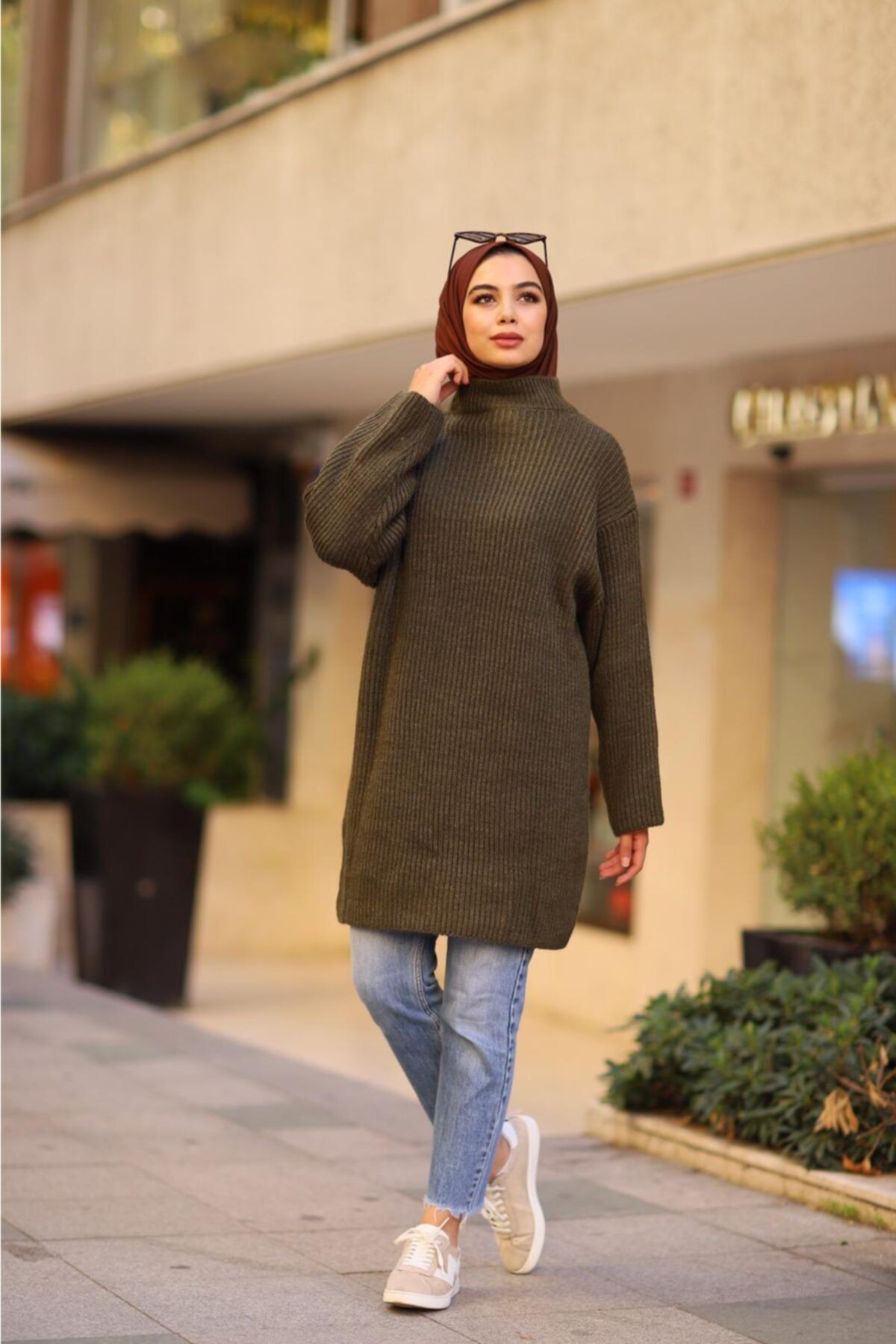 lurex moda Kadın Haki Oversize Triko Kazak