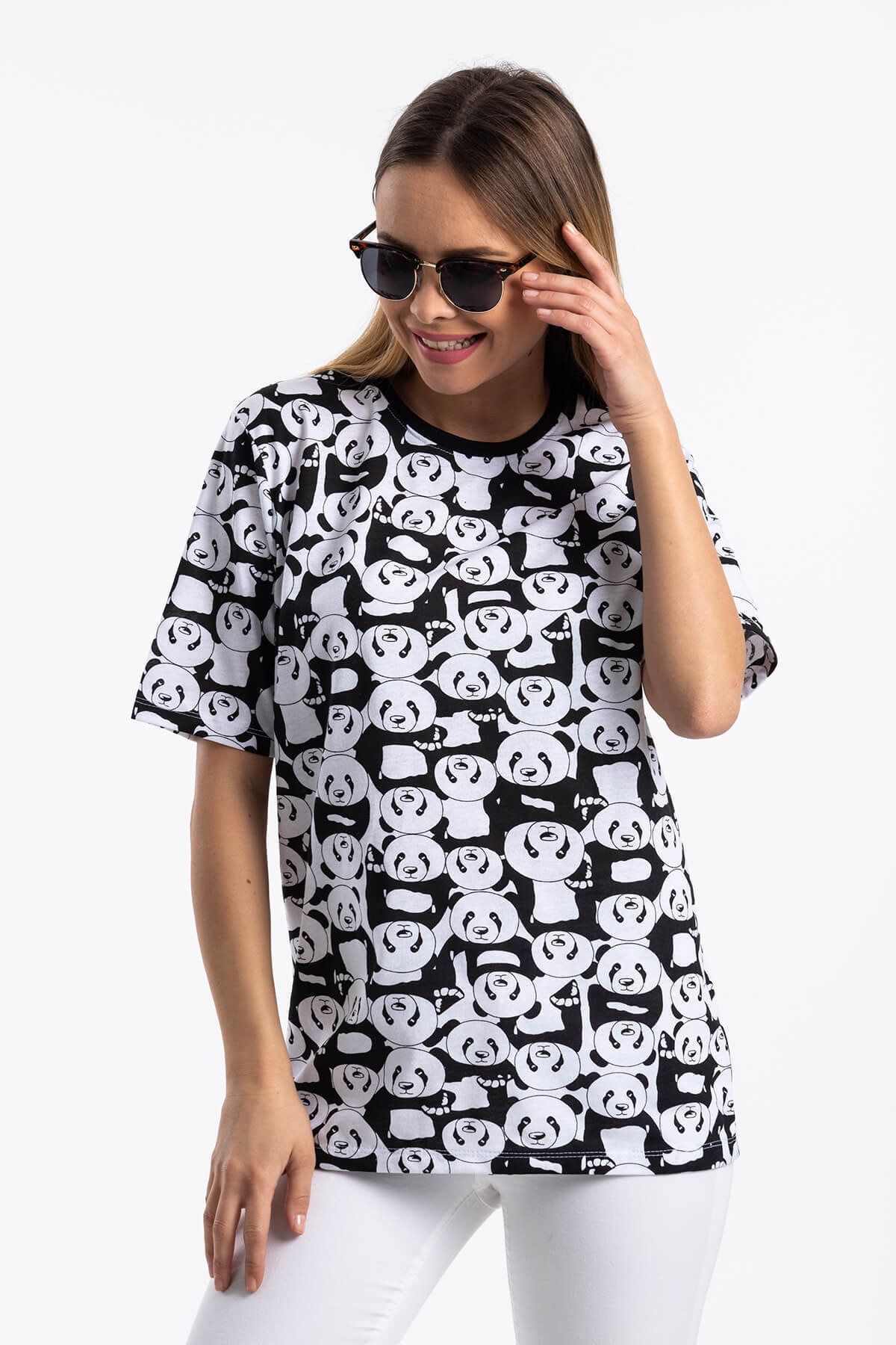 Mossta Kadın Beyaz Panda Desen Salaş T-shirt