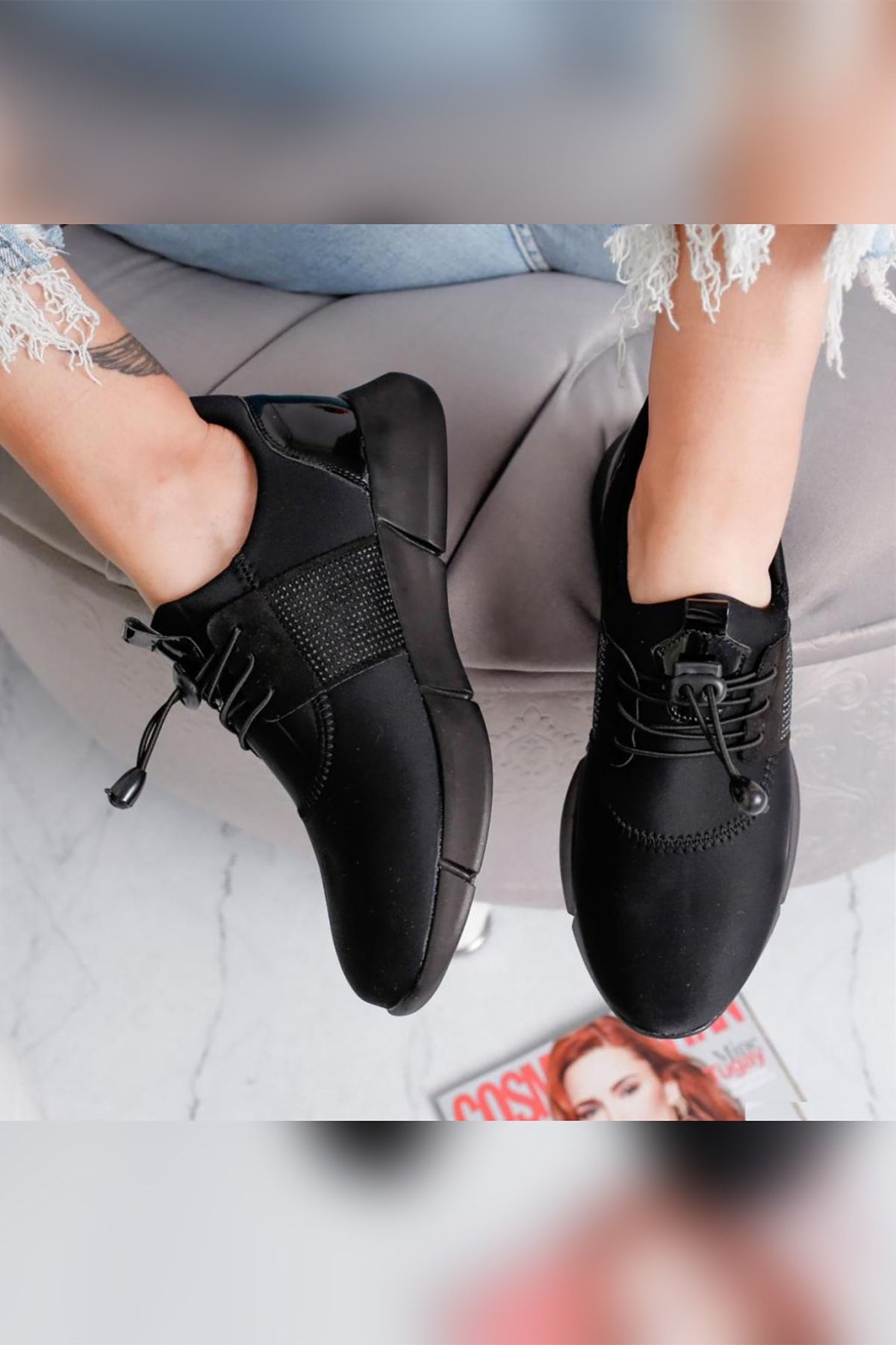 Limoya Jadyn Siyah Dalgıç Kumaş Taş Detaylı Streç Comfort Ayakkabı