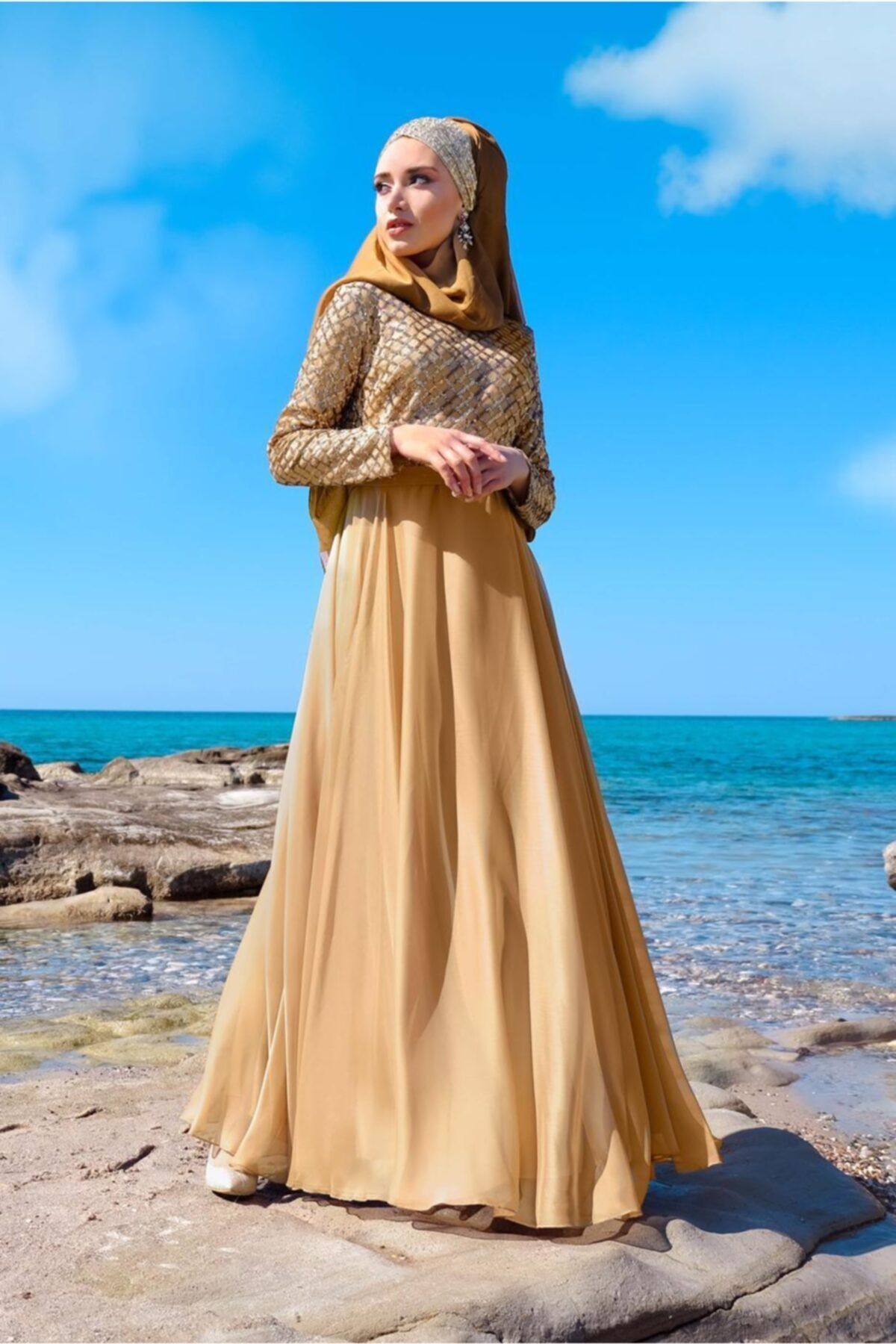 TRENDTESETTÜR Kadın Altın (GOLD) Eteği Şifon Abiye Elbise 7218
