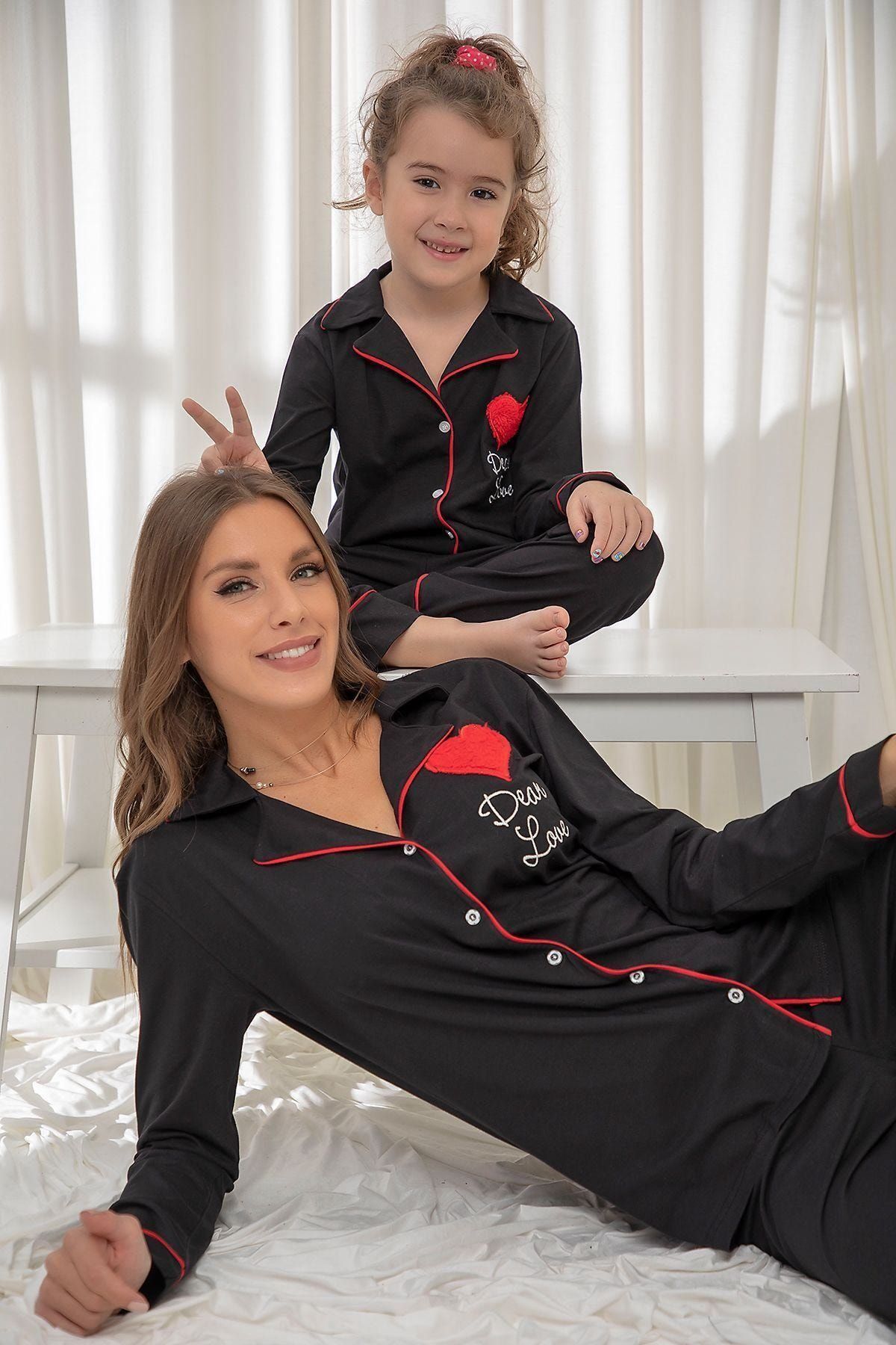 Siyah İnci Siyah Pamuklu Likrali Düğmeli Biyeli Pijama Takım