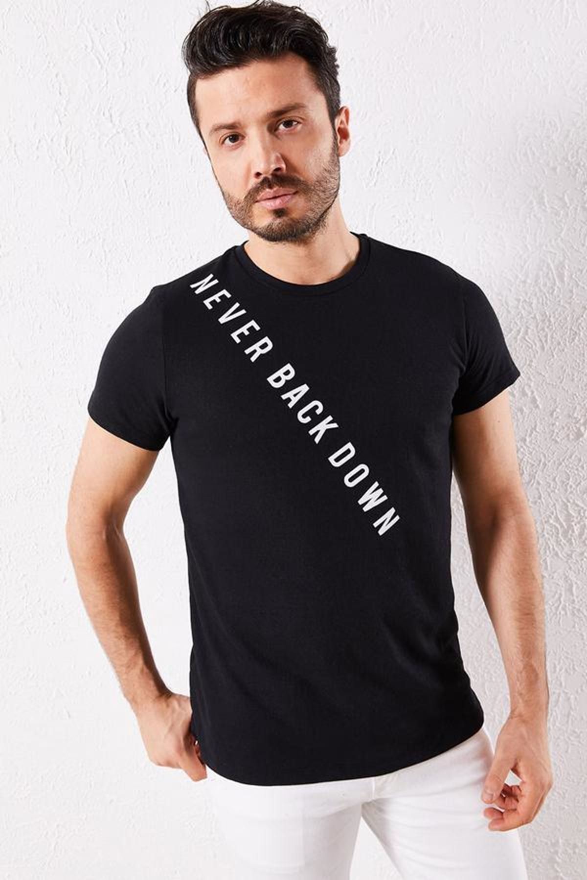 Zafoni Erkek Siyah Never Baskılı T-shirt