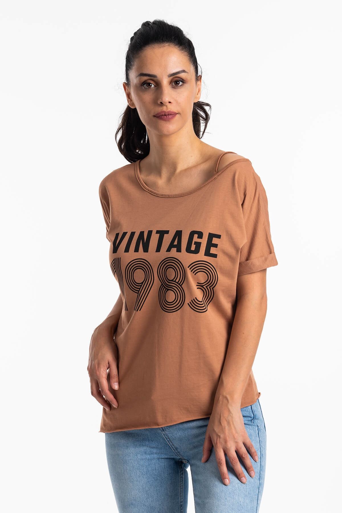 Mossta Kadın Kahverengi Düşük Omuz Vintage T-shirt