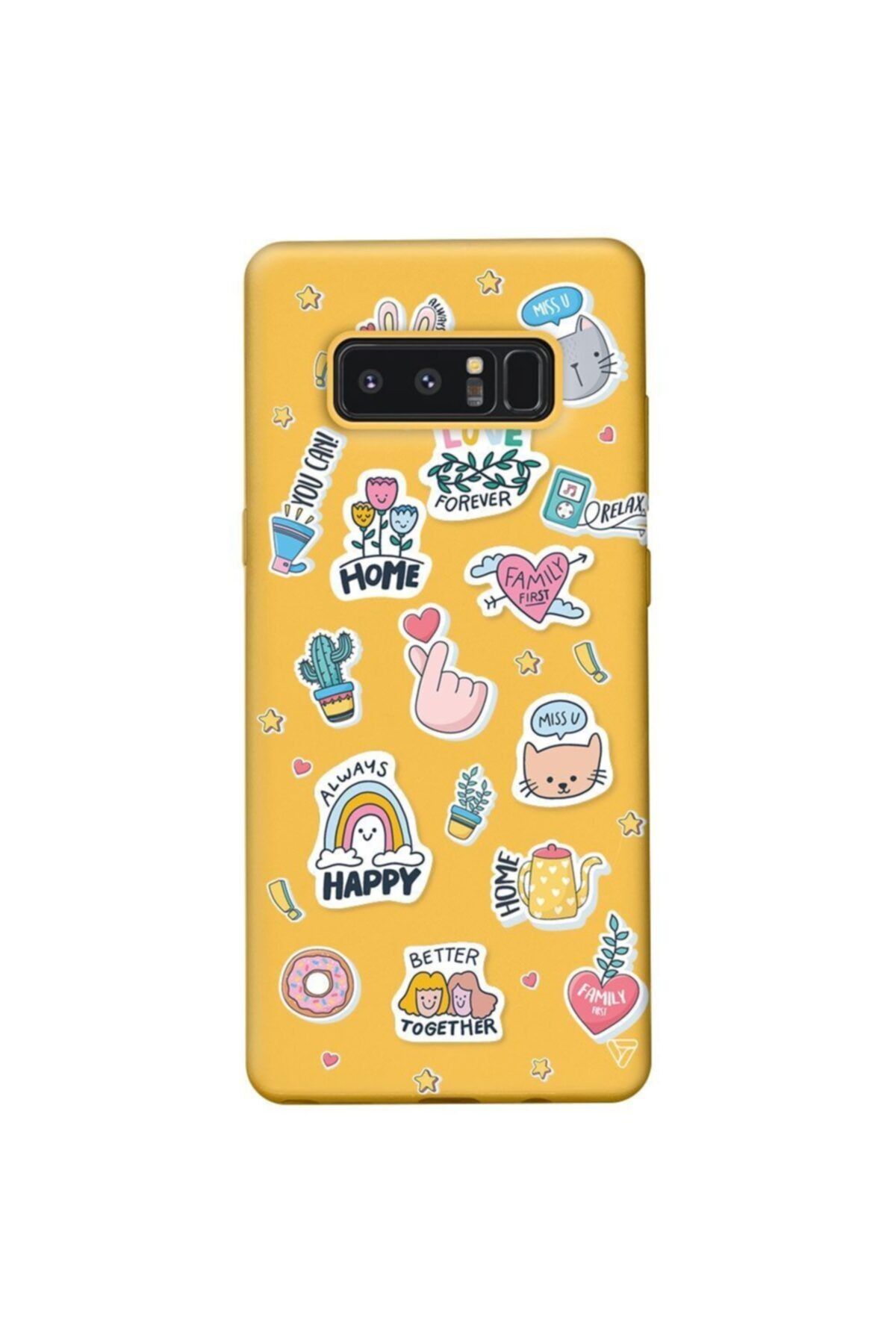 Trihed Samsung Note 8 Sarı Renkli Silikon Always Happy Telefon Kılıfı