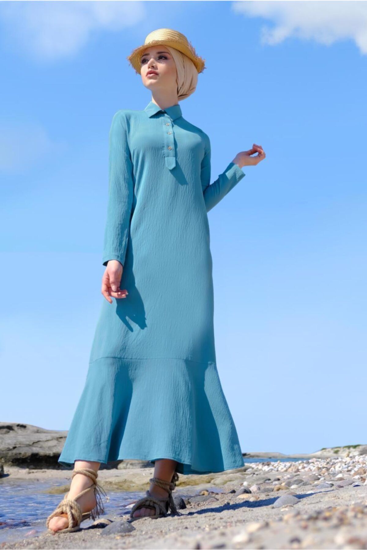 TRENDTESETTÜR Kadın Mavi (AQUA) Etek Ucu Volanlı Pamuklu Elbise 8221