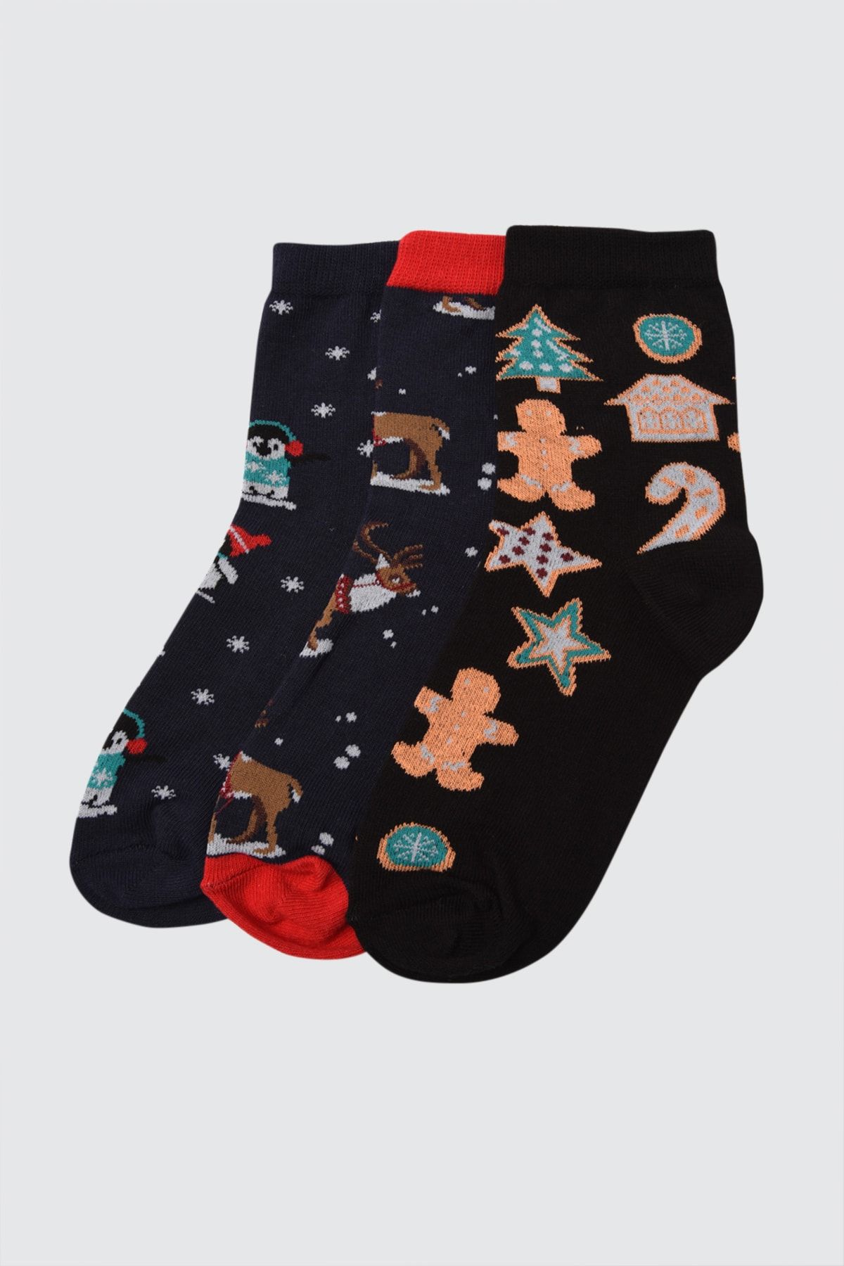 TRENDYOLMİLLA Çok Renkli Dokulu Kendinden Desenli Yılbaşı Temalı 3'lü Paket Örme Soket Çorap TWOAW21CO0152