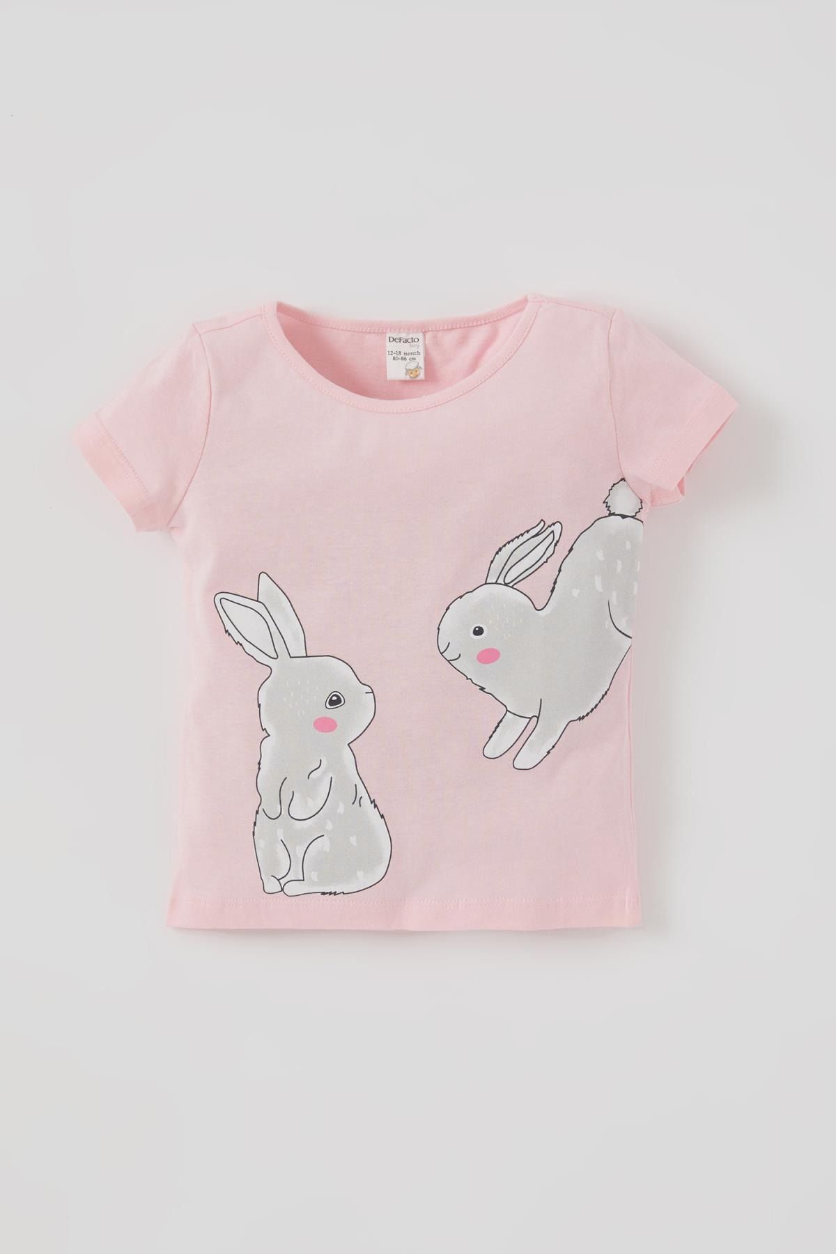 Defacto Kız Bebek Sevimli Tavşan Baskılı Kısa Kol Pamuklu Tişört