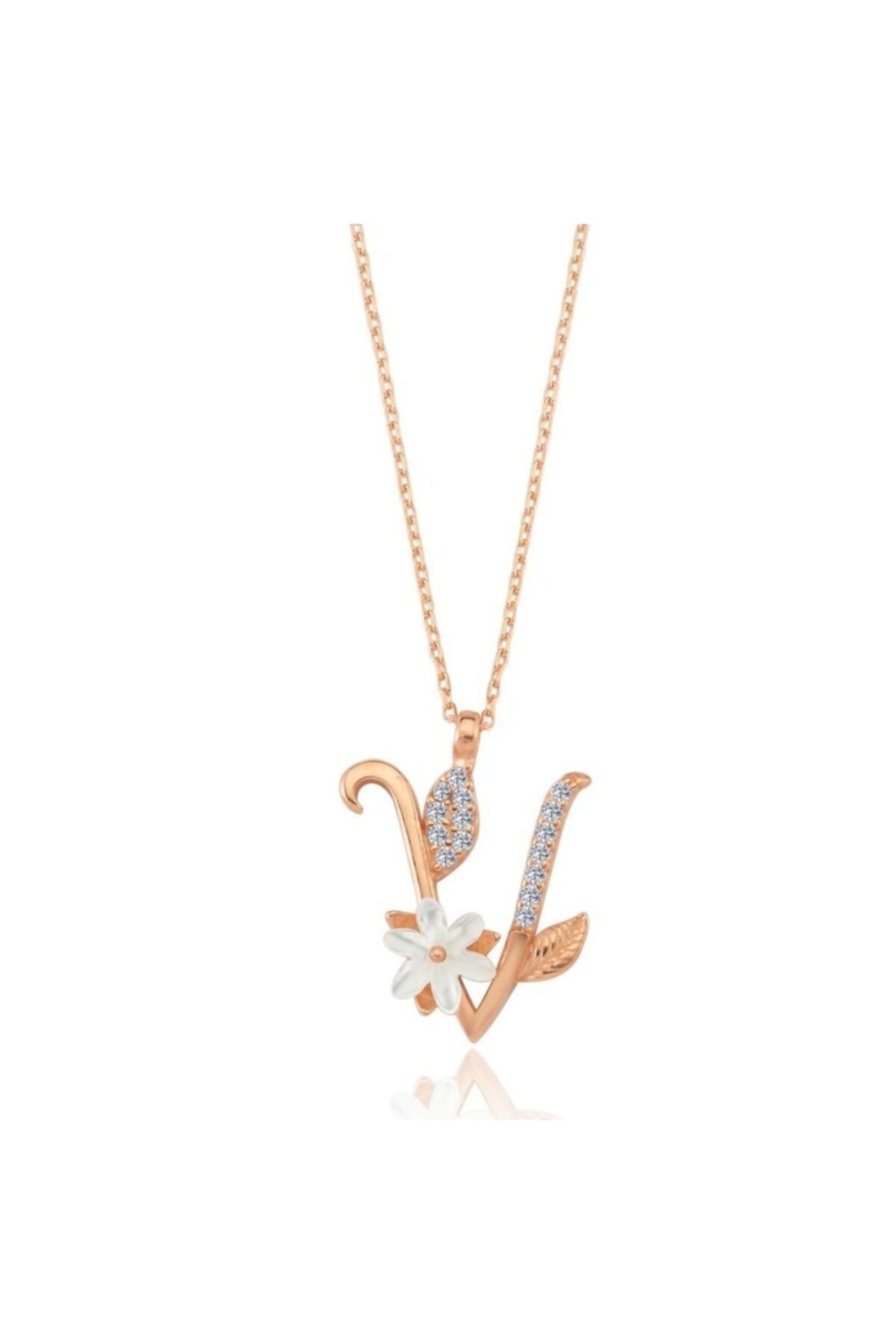 Mia Vento Işıltılı Manolya Çiçeği V Harfi Rose Renk Gümüş Harfli Kolye