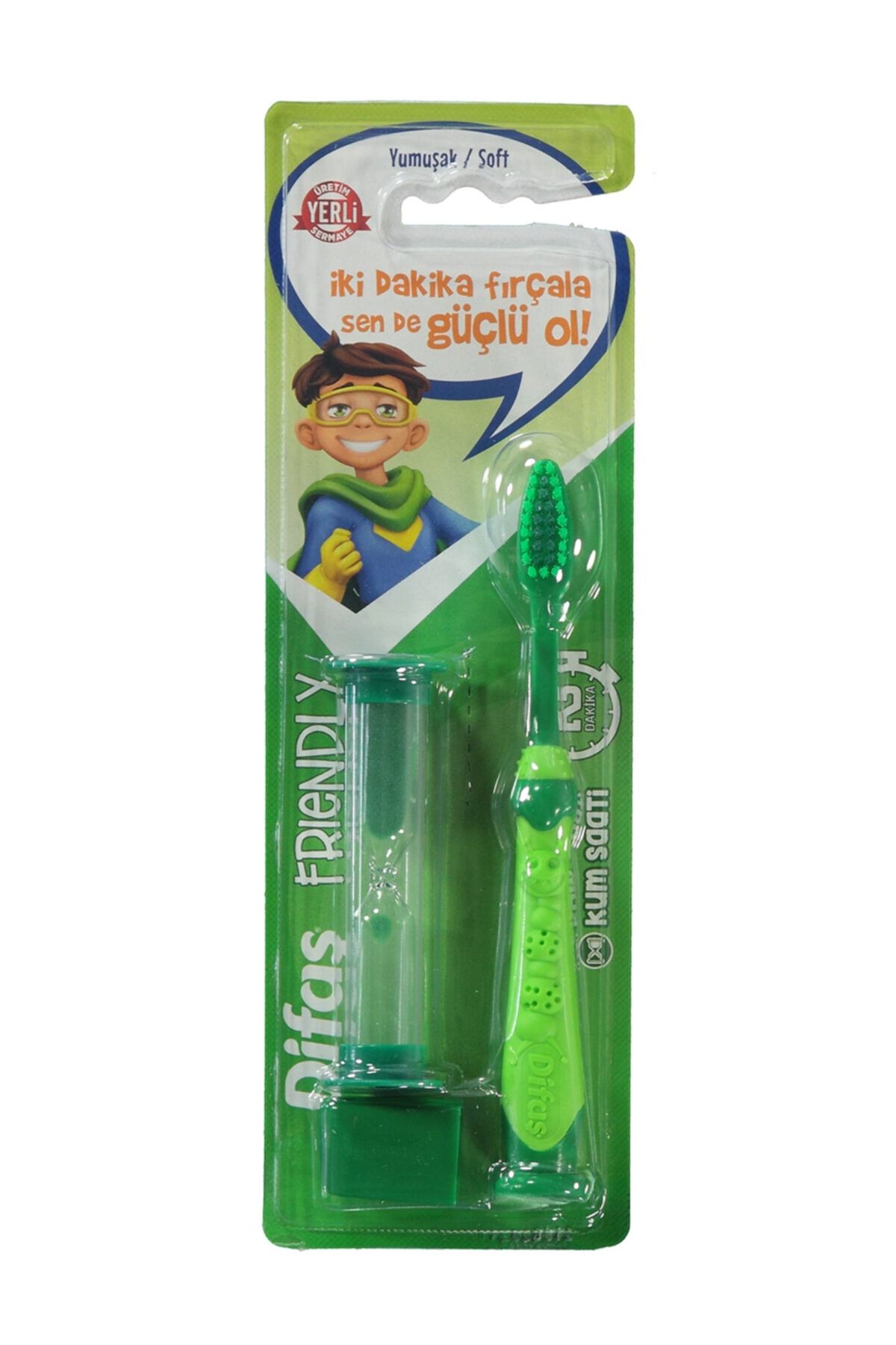 Difaş Friendly Çocuk Diş Fırçası Yumuşak + Kum Saati Hediyeli Yeşil
