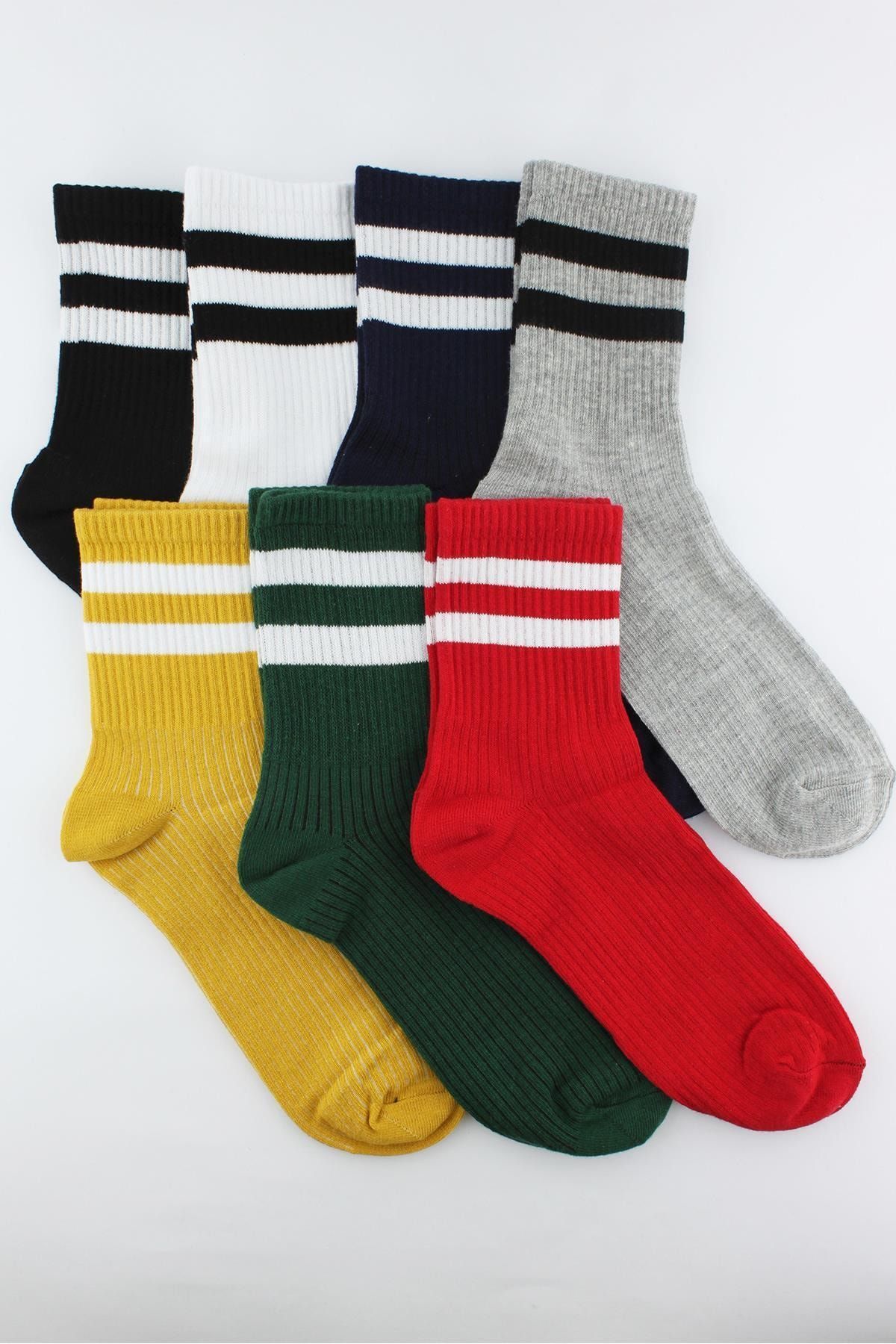 Trick or Treat 7'li Paket Beyaz Çizgili Renkli Yarım Konç Erkek Çorap