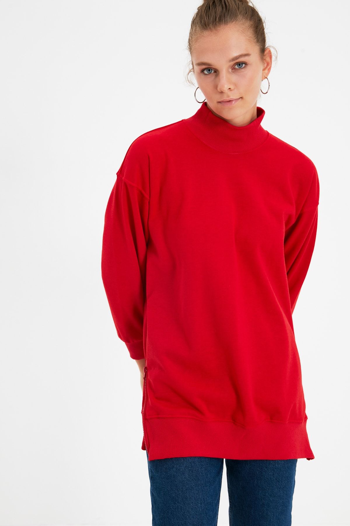TRENDYOLMİLLA Kırmızı Uzun Oversize Fermuarlı Kalın İçi Polarlı Örme Sweatshirt TWOAW20SW0322