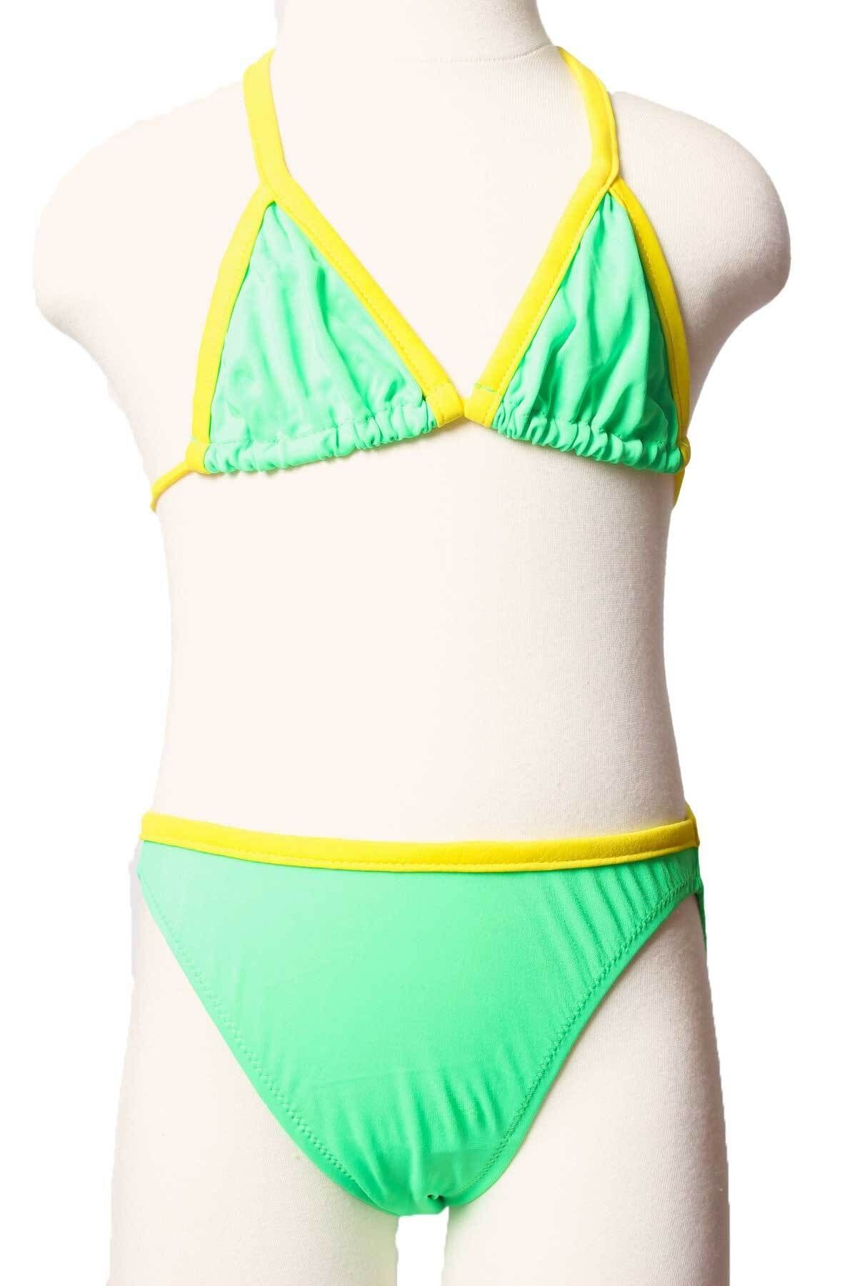 Sude Ayl Kız Çocuk Yeşil Boyudan Bağlamalı Üçgen Model Alt Üst Düz Bikini Takım 245