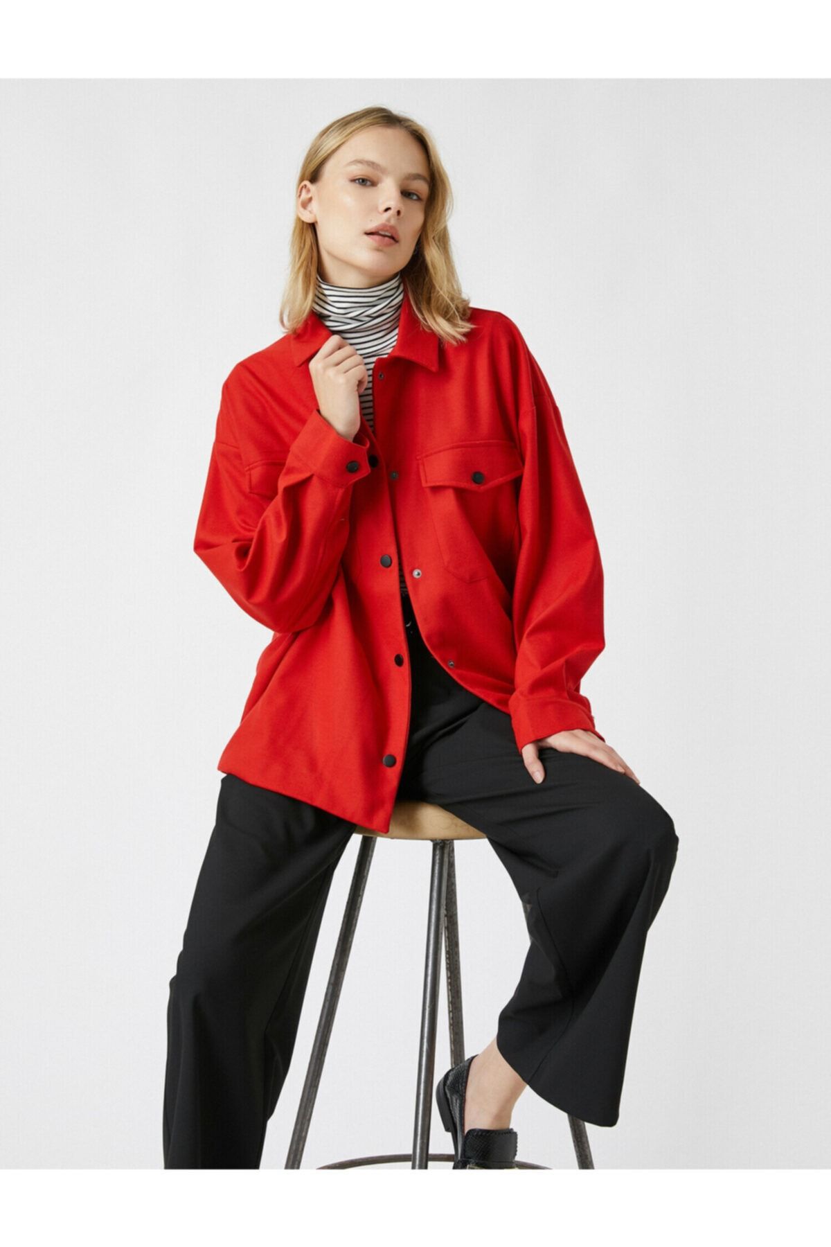 Koton Kadın Kırmızı Çitçitli Cepli Gömlek Ceket