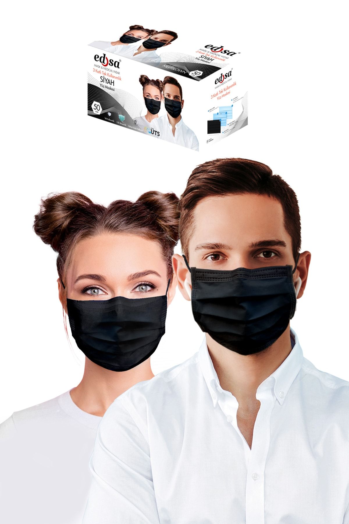 EDSA Yetişkin Siyah Meltblownlu Ultrasonik Burun Telli 3 Katlı Tek Kullanımlık 50 Adet Medikal Maske