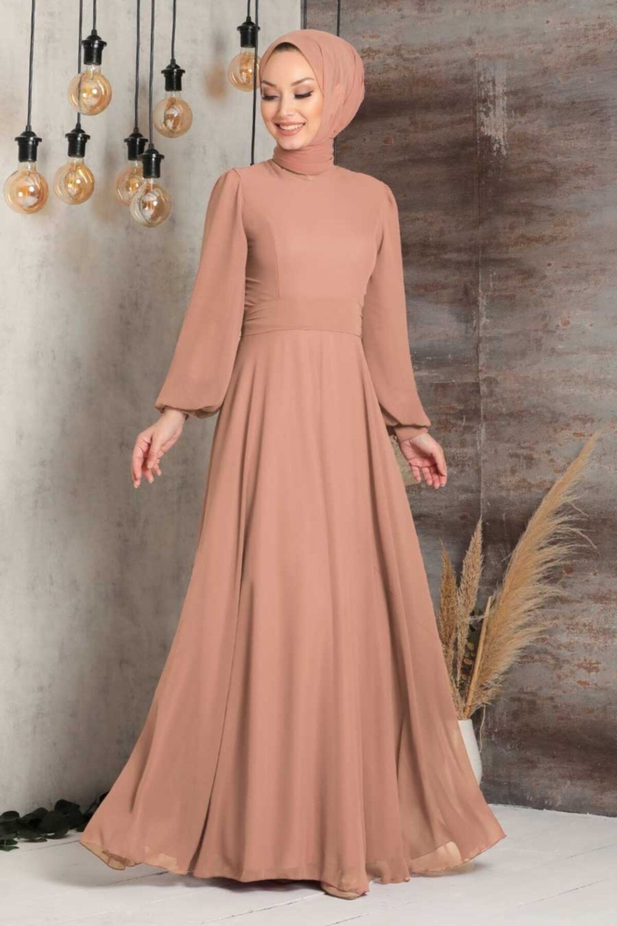 Neva Style Tesettürlü Abiye Elbise - Balon Kol Camel Tesettür Abiye Elbise 5470c