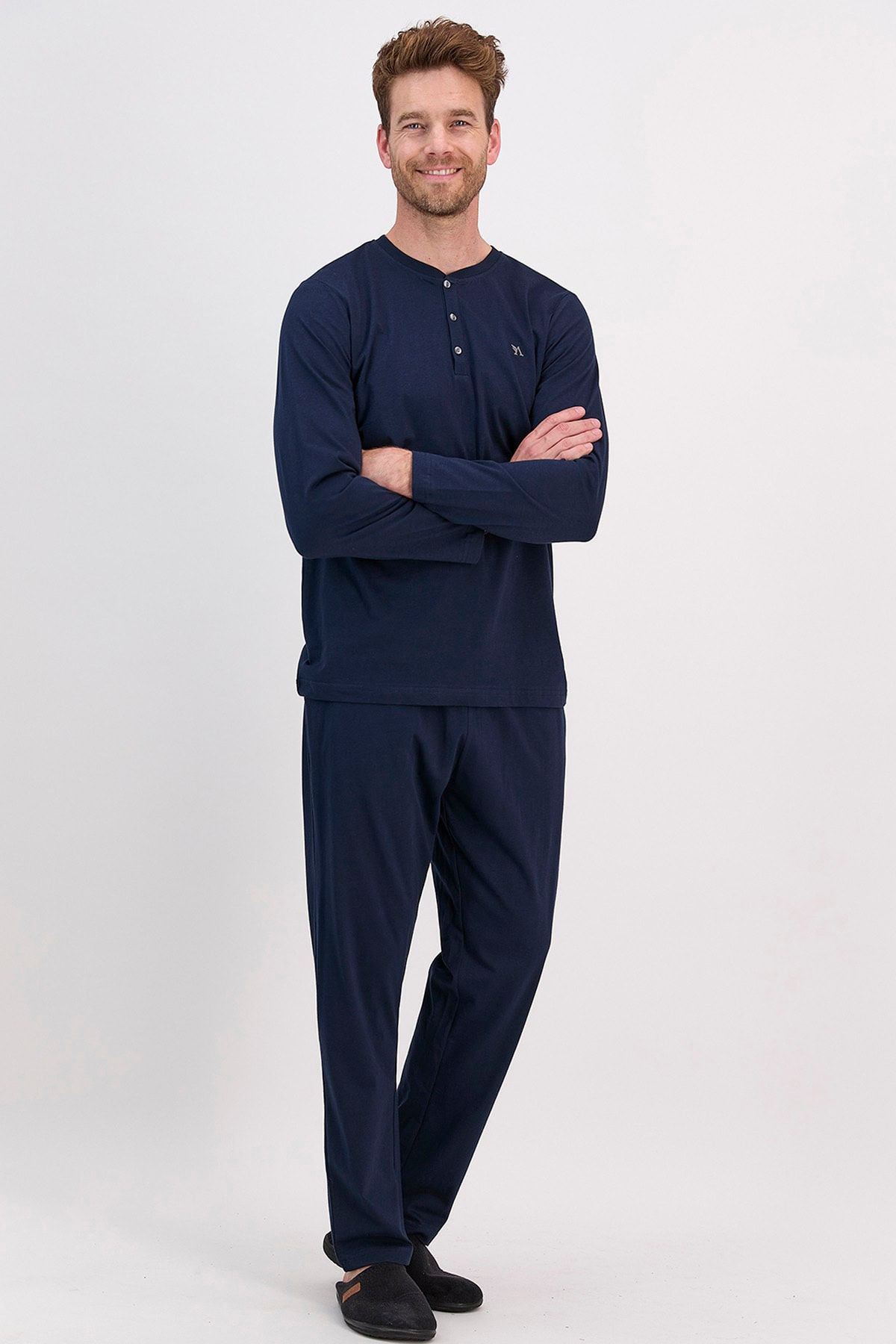 Arnetta Erkek Uzun Kol Düz Renk Düğmeli Pijama Takımı