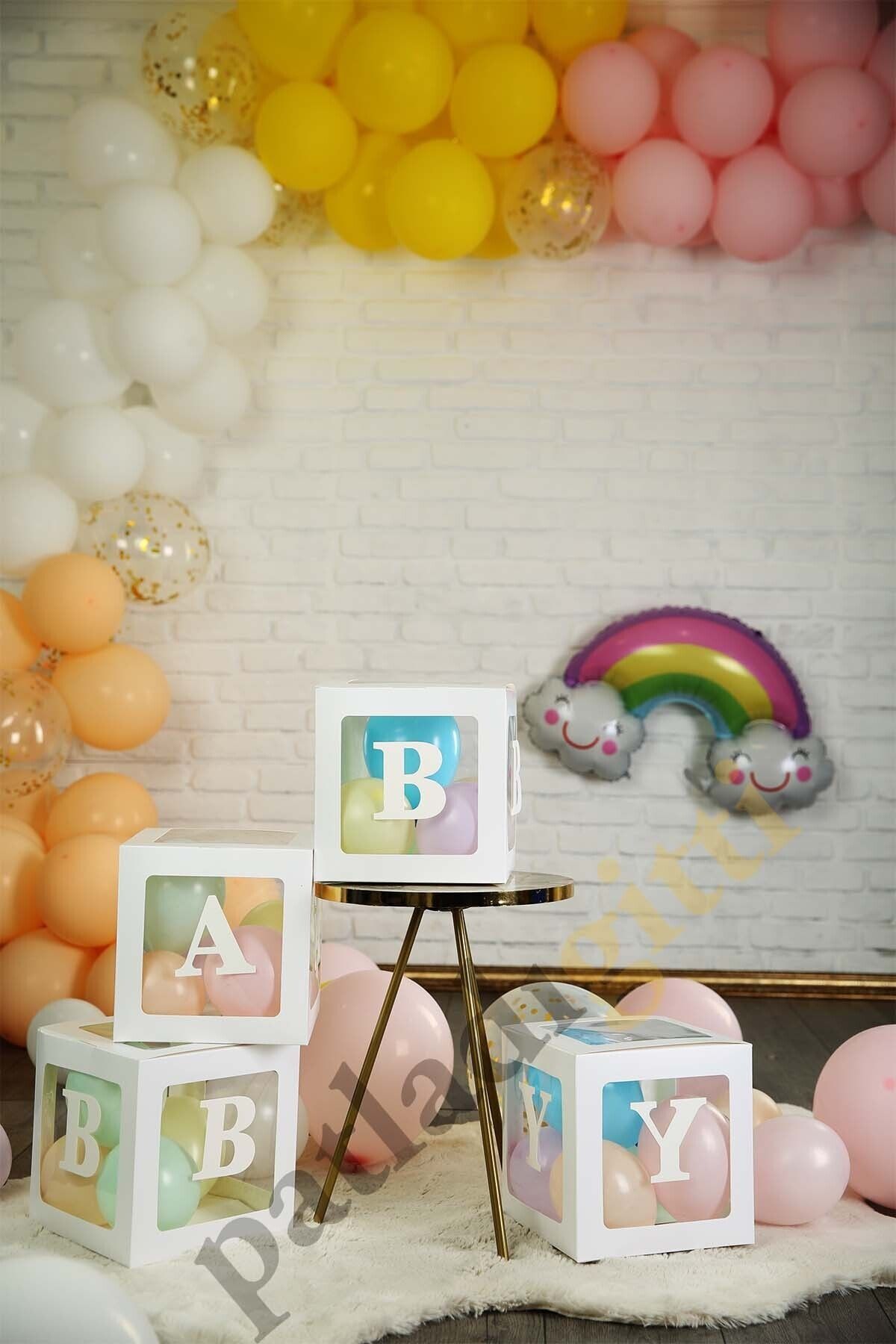 Patladı Gitti 33 Parça Baby Yazılı Şeffaf Beyaz Kutu Balon Seti, Baby Balon Kutusu Bebek Çocuk Doğum Günü Kutlama