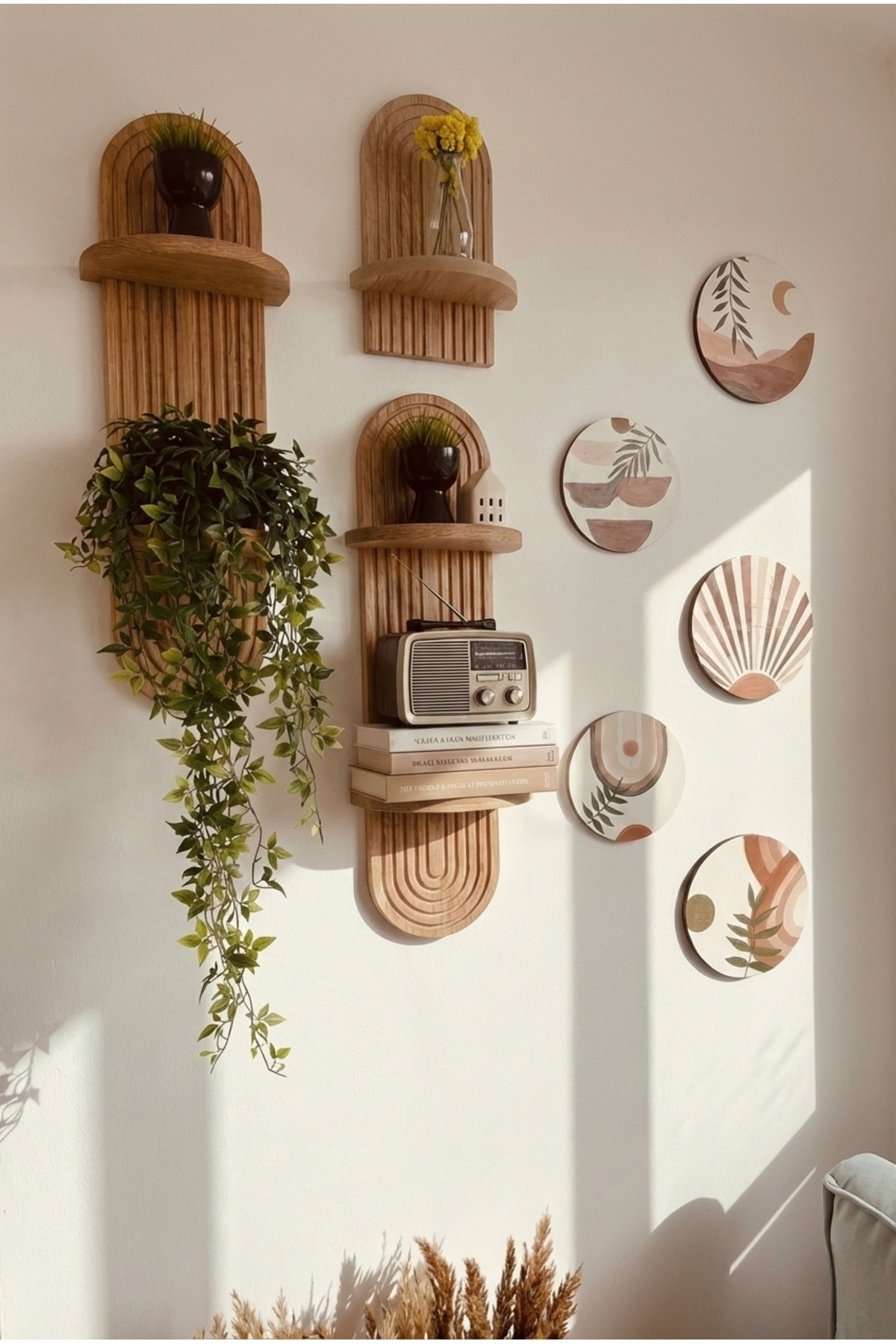 varje Semplice Duvar Rafı Seti Ve Dekoratif Oval 5 Parça Tablo Seti - Modern Ev Dekorasyonu