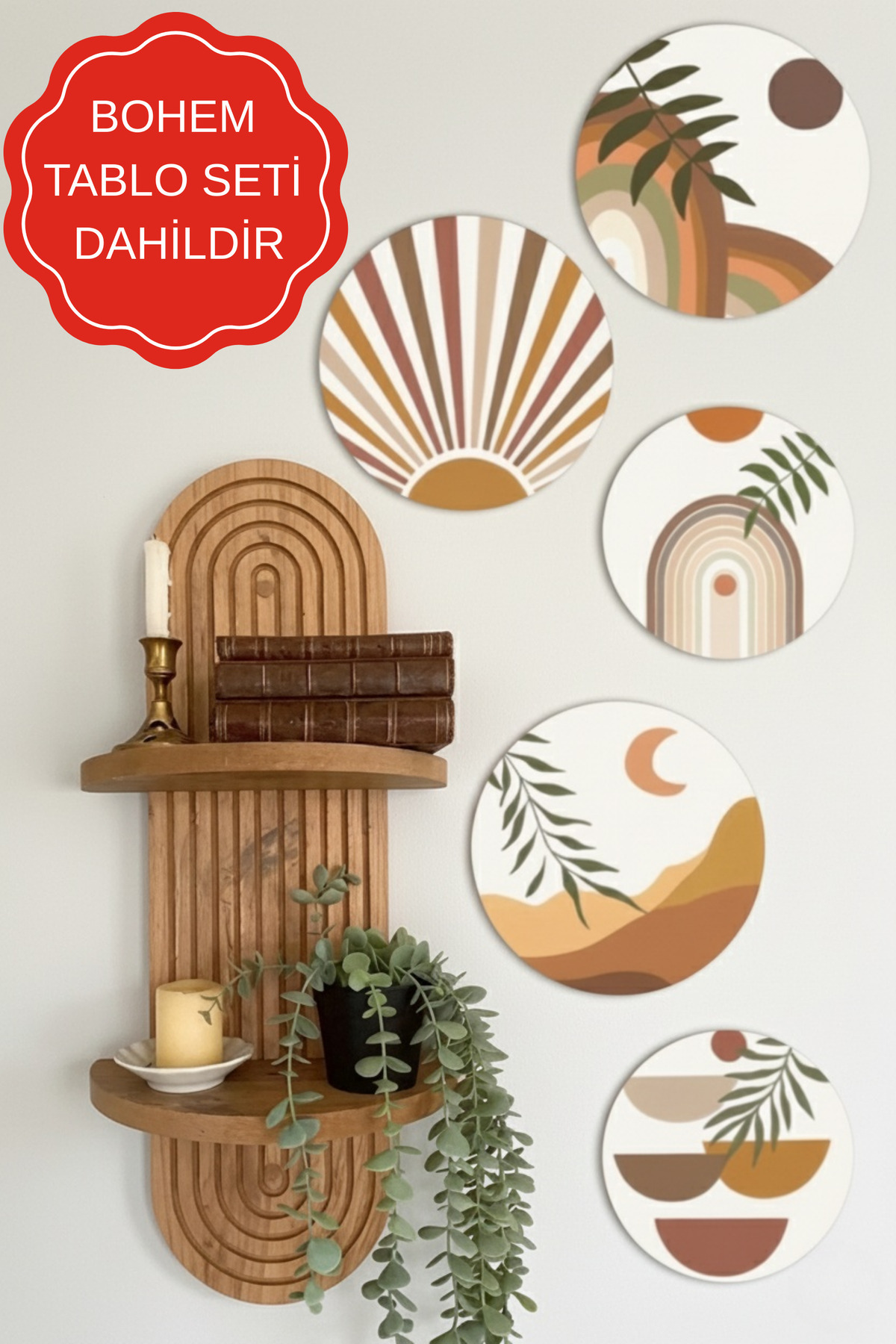 Wooden Factory Semplice Duvar Rafı ve 5 Parça Tablo Seti | Duvar Sanatı