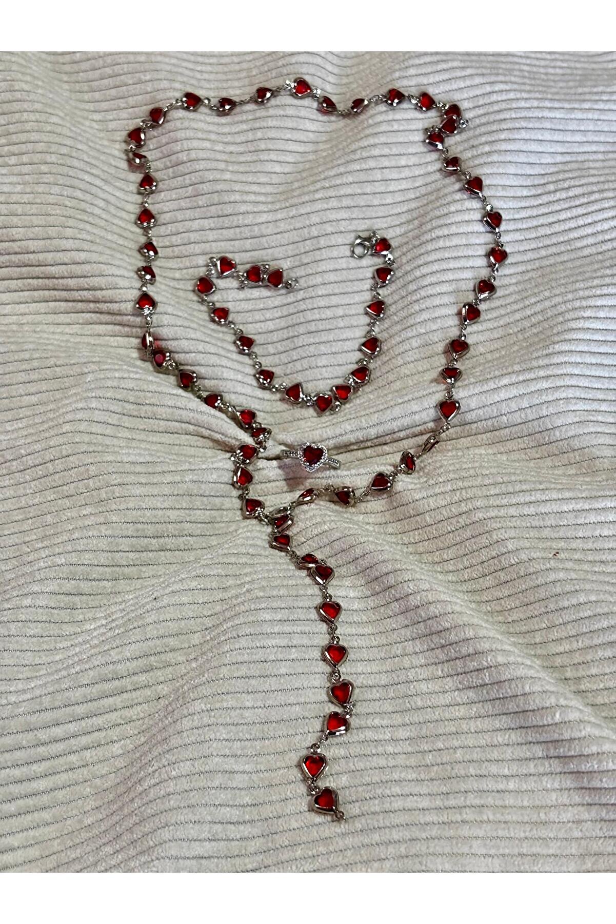 Bijoux Uniques Kırmızı Zirkon Taşlı Y Kolye&Bileklik&Yüzük Seti