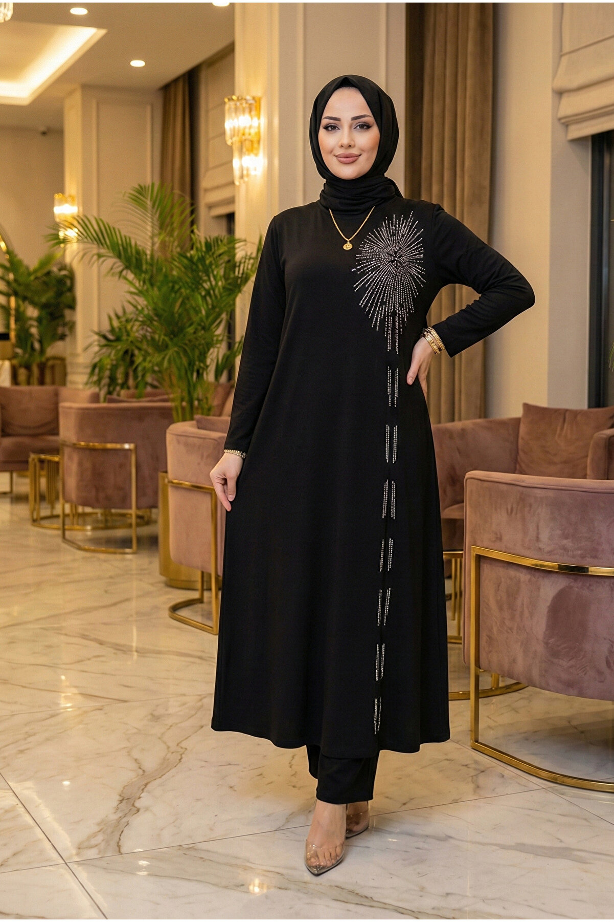 modamira Siyah Pamuk Polyester Taş Detaylı Tesettür Abiye Tunik Pantolon İkili Takım