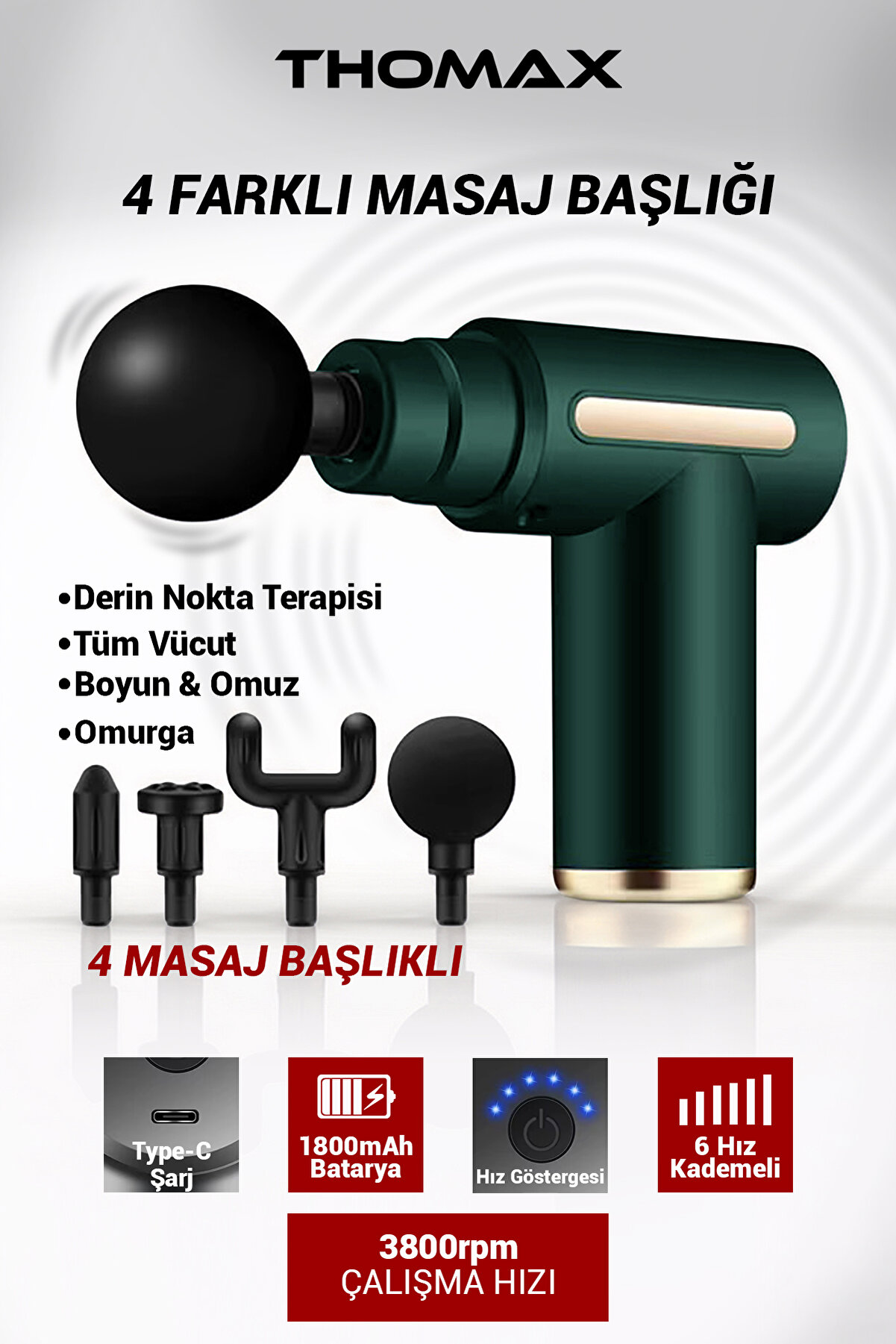THOMAX Profesyonel Şarjlı Darbeli Masaj Tabancası 4 Başlıklı 6 Kademe
