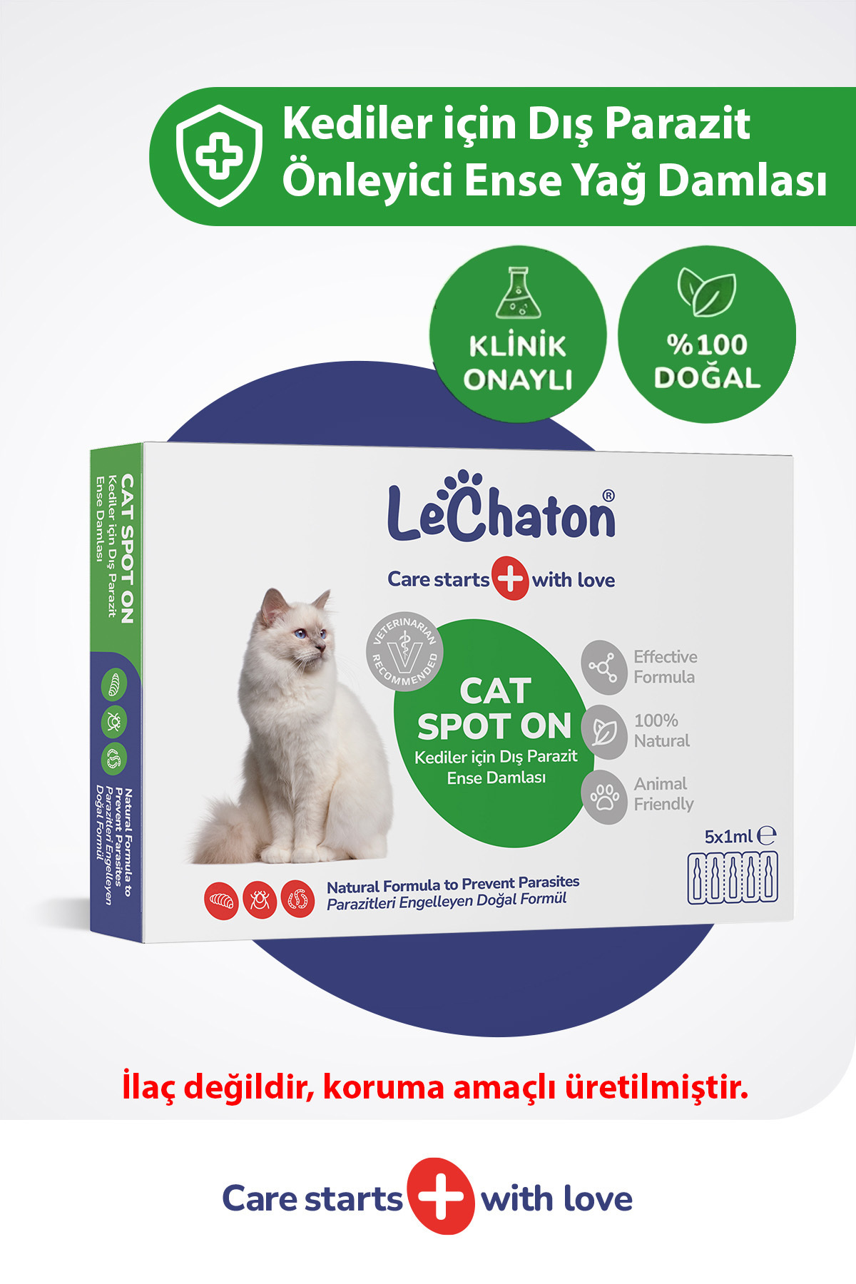 LeChaton Pet Care Kediler İçin Dış Parazit Pire Bit Kene Deri Bakımı Bitkisel Ense Deri Damla 5x1 ml