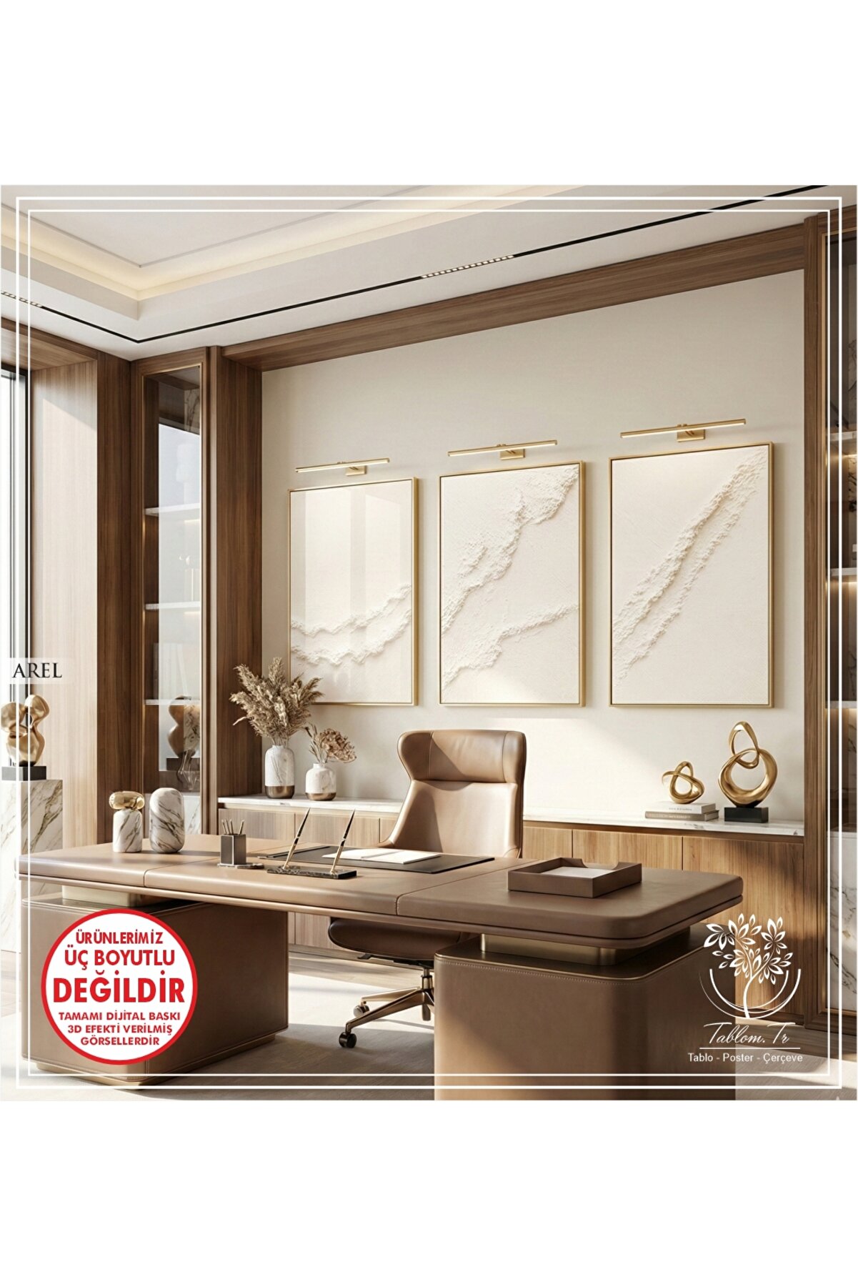 Tablomtr Arel - Gold Metal Çerçeveli 3'lü Dekoratif Tablo