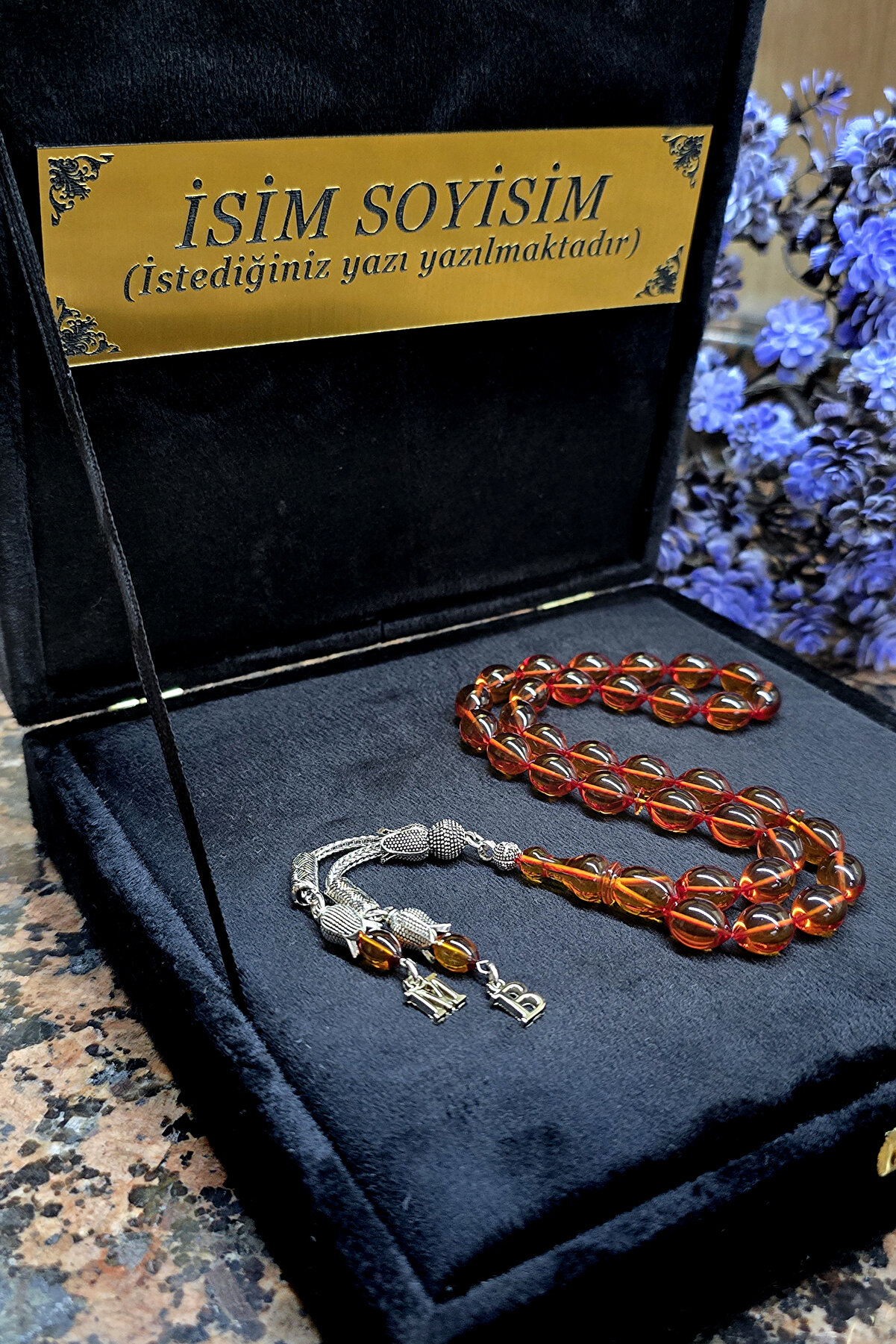 Zikir Tesbih Ateş Kehribar Tesbih, Harfli Kişiye Özel Seri, Sıkma Kehribar Tesbih, Gümüş Kaplama