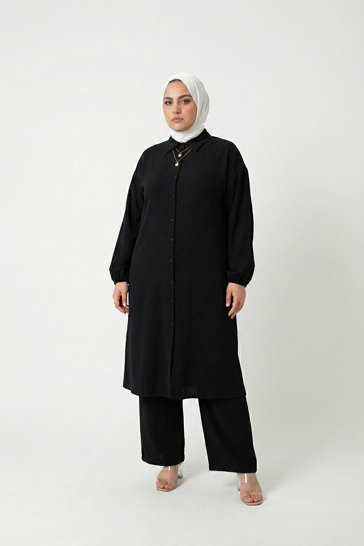 Mivoon Bürümcük Kumaş Gömlek Yaka Tunik Takım Düğmeli Tesettüre Uygun 2XL 6XL