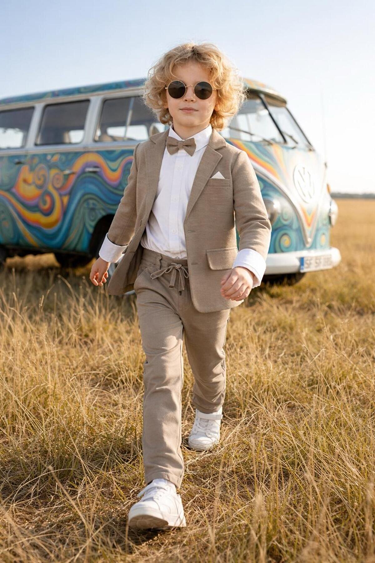 Terry Erkek Çocuk Flamlı Keten Salaş Ceketli Takım Elbise