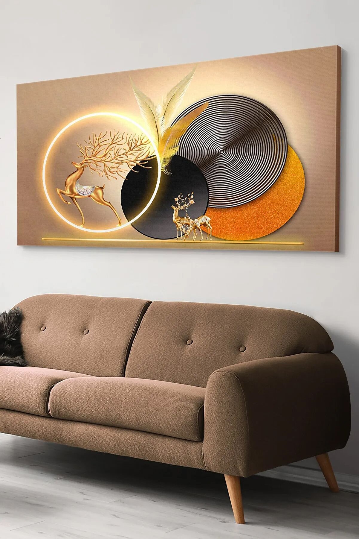 Evinemoda Gold Geyik Yuvarlak Desenler Tek Parça Işıksız Kanvas Tablo - Doğal ve Şık Dekorasyon