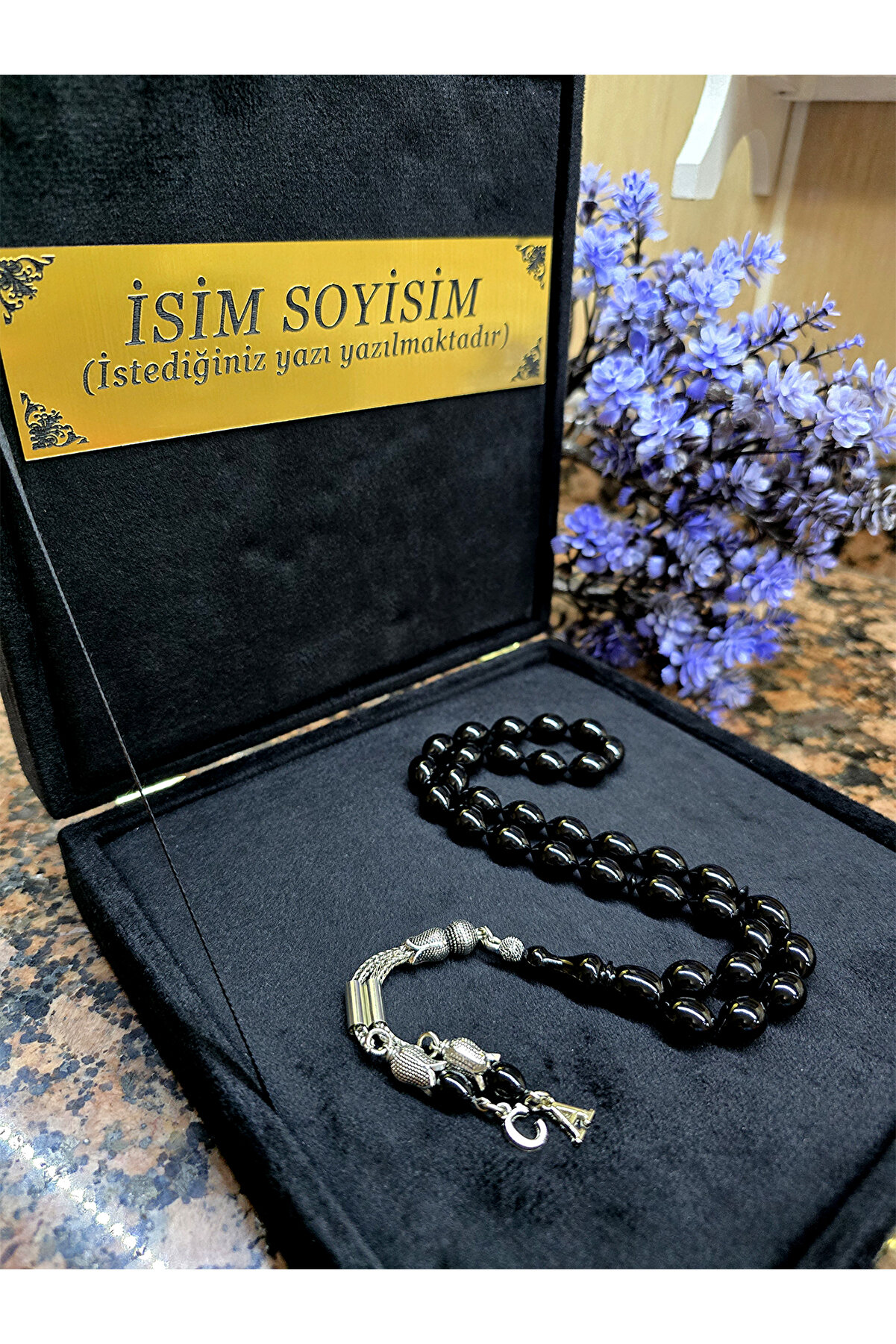 Zikir Tesbih Ateş Kehribar Tesbih, Harfli Kişiye Özel Seri, Sıkma Kehribar Tesbih, Gümüş Kaplama