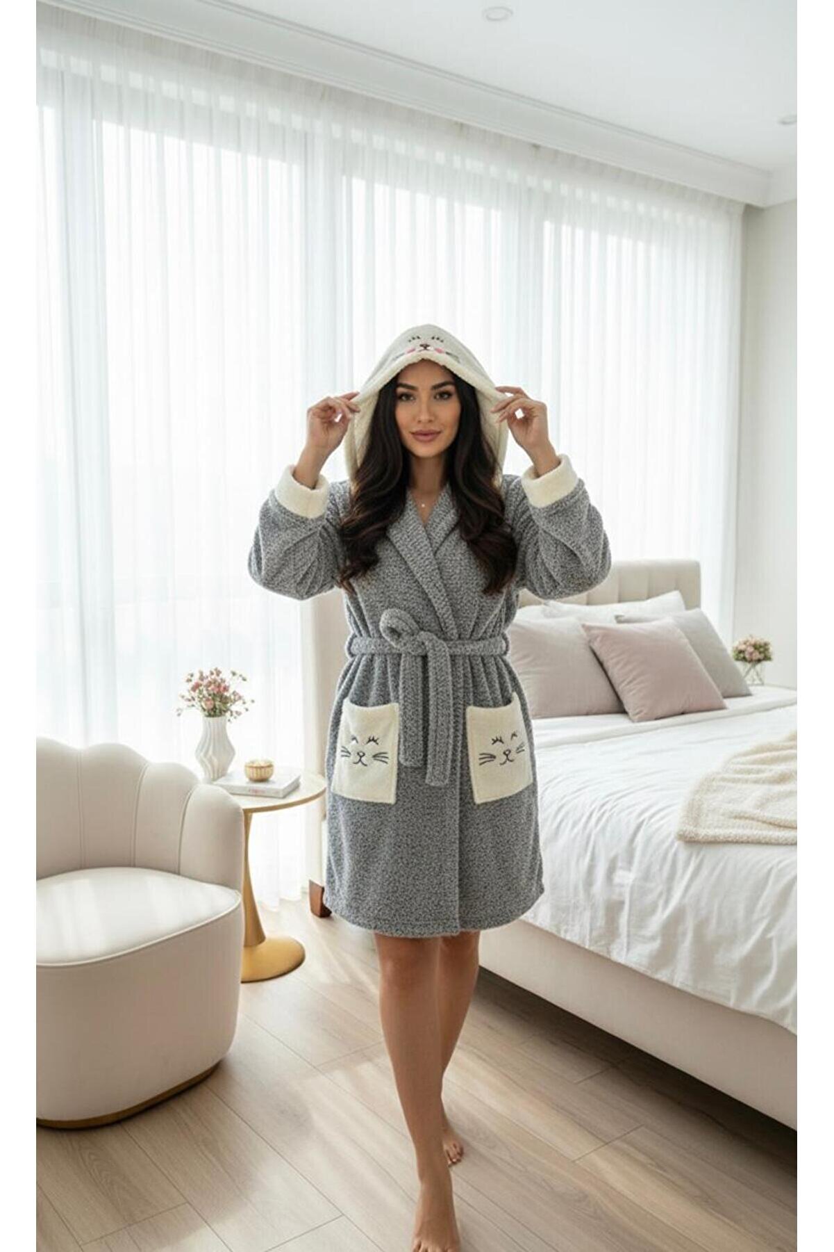 Damlaiso Welsoft-Polar Kedi Desenli Kapşonlu Sabahlık ve Bornoz Seti